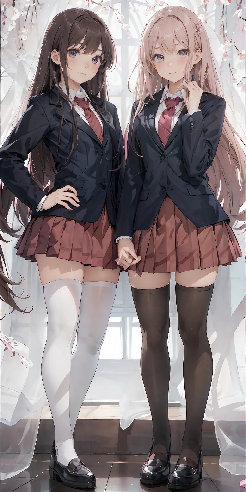 perfect anime illustration, 2girls, twin sisters, identical sisters, brown hair, blonde hair, (1 blonde girl, 1 brown haired girl, different hair colors), wavy hair, matching hairstyle, hazel eyes, smiling, ((matching outfits, necktie, pink blazer, pink tight skirt, white thigh highs, black high heels, matching outfits)), matching hairstyles, white background, highres, full body, pose