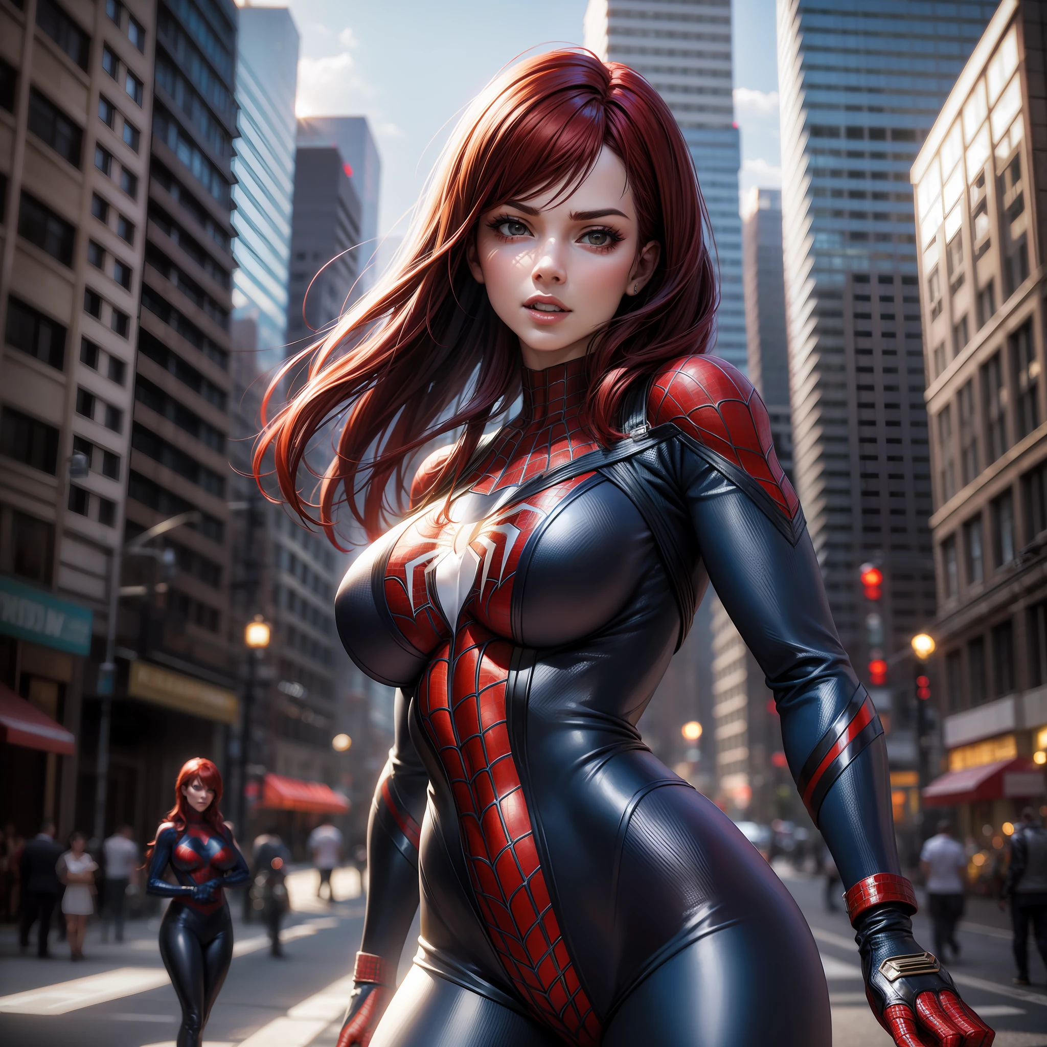 Woman with spider-man cosplay, big breasts, realistic, well detailed face, in the city, sun, afternoon, 8k, bright colors, (((red hair)))