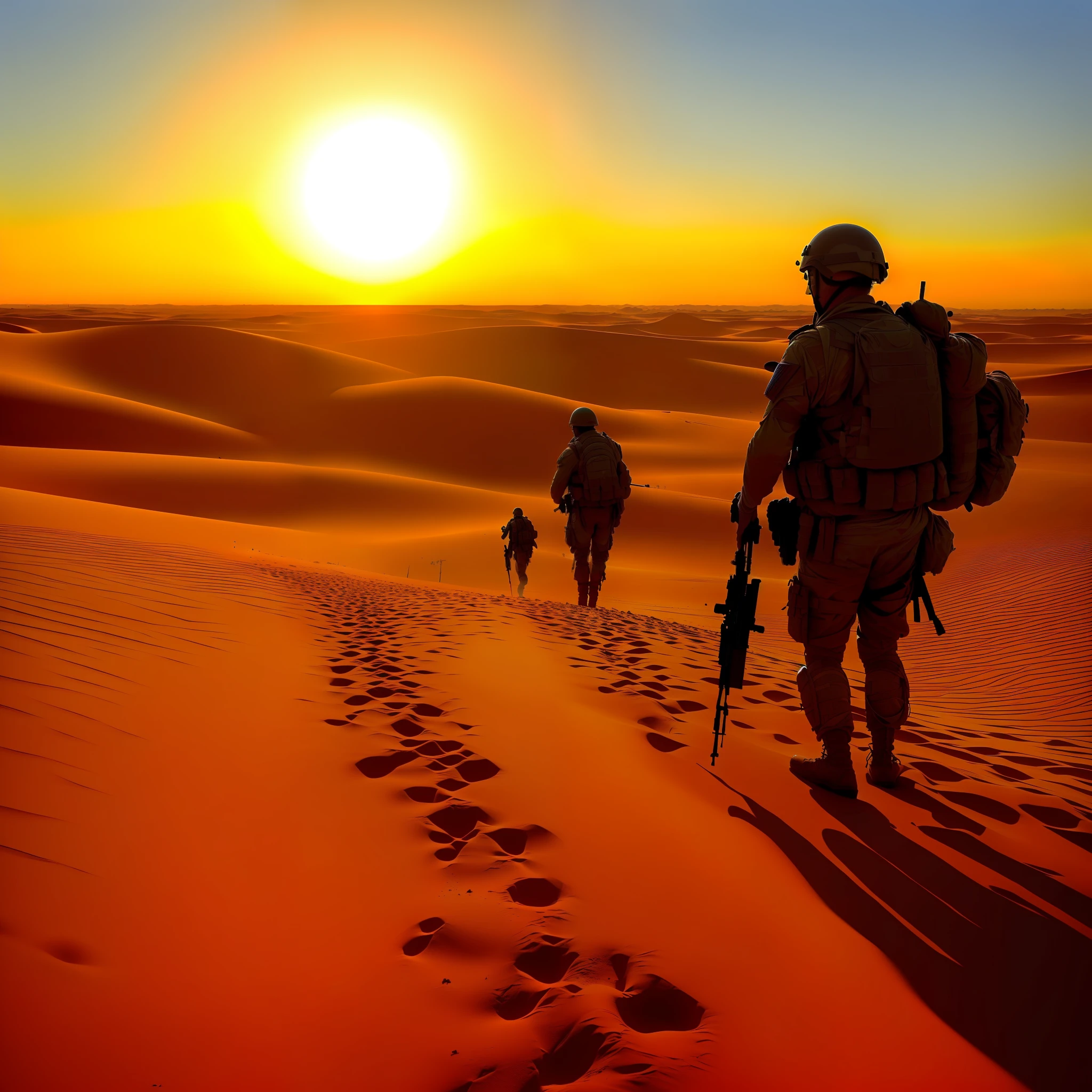 An absolutely mesmerizing sun over the sertão, desert, with a mixture of oranges, roses and yellows. A military soldier returning from the imposing battle, bleeding, holding a rifle