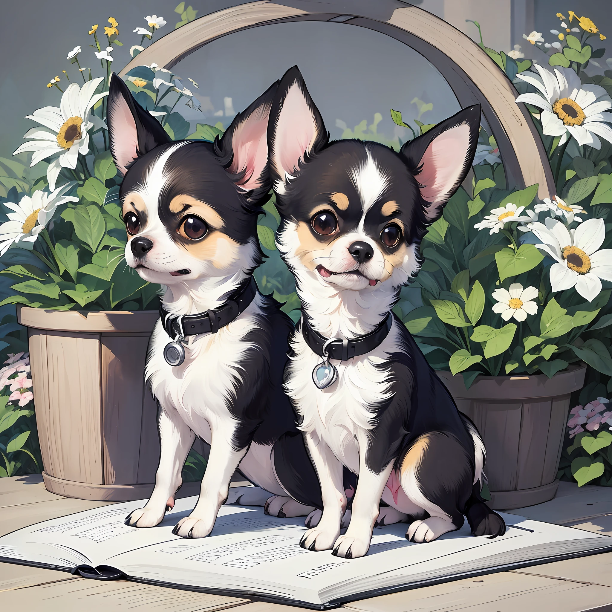 (cute chihuahua dog, same figure, front, side, back), big eyes, happy, white hair, LINEART, drawing page, black and white, casual style, running, forest, flowers, trend --auto --s2