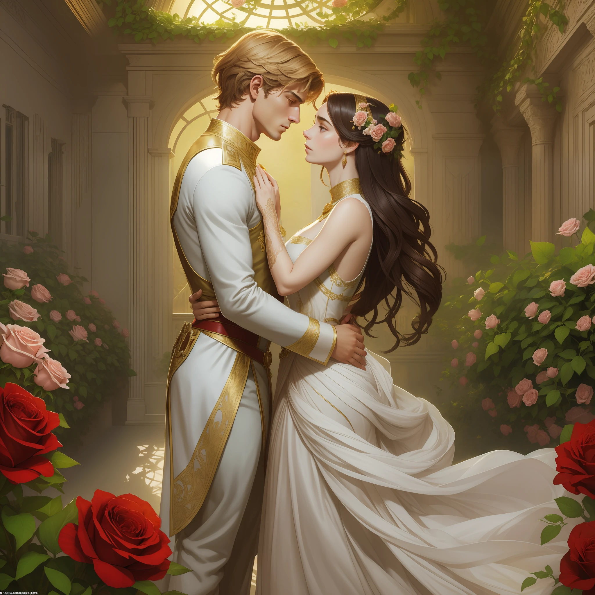 Couple kisses a home and a woman with much affection, the man Neels Visser is a prince who has golden blonde hair, wears a medieval military outfit and is in love with the commoner woman Lily Collins, who has curly brown black hair and wears a red dress, illustration of a romance book cover with a detailed background,  smooth, bright full of ivy-covered flowers and red roses, castle, ornate dress standing on a bed of roses, rim light, dynamic lighting, ethereal lighting, ultra detail, conceptual art, elegant, surreal, art by Lisa Aisato, Greg Hildebrandt, Citemer Liu, Stjepan Sejic, Samyang, Aykut Aydogdu, Justin Gerard, Alphonse Mucha, Artgerm, WLOP and Greg Rutkowski