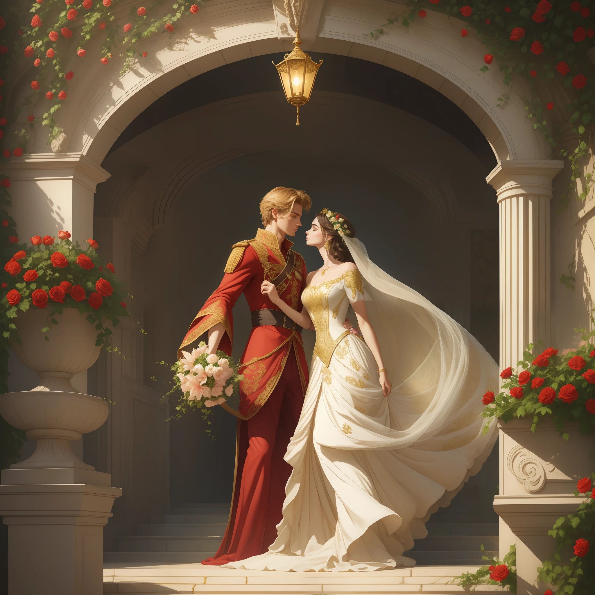 Couple kisses with great affection, Neels Visser is a prince who has golden blonde hair, wears a medieval military outfit and is in love with the commoner Lily Collins, who has curly brown black hair and wears a red dress, illustration of a romance book cover with a detailed, smooth, bright background full of ivy-covered flowers and red roses, castle, ornate dress standing on a bed of roses, rim light, dynamic lighting, ethereal lighting, ultra detail, concept art, elegant, surreal, art by Lisa Aisato, Greg Hildebrandt, Citemer Liu, Stjepan Sejic, Samyang, Aykut Aydogdu, Justin Gerard, Alphonse Mucha, Artgerm, WLOP and Greg Rutkowski