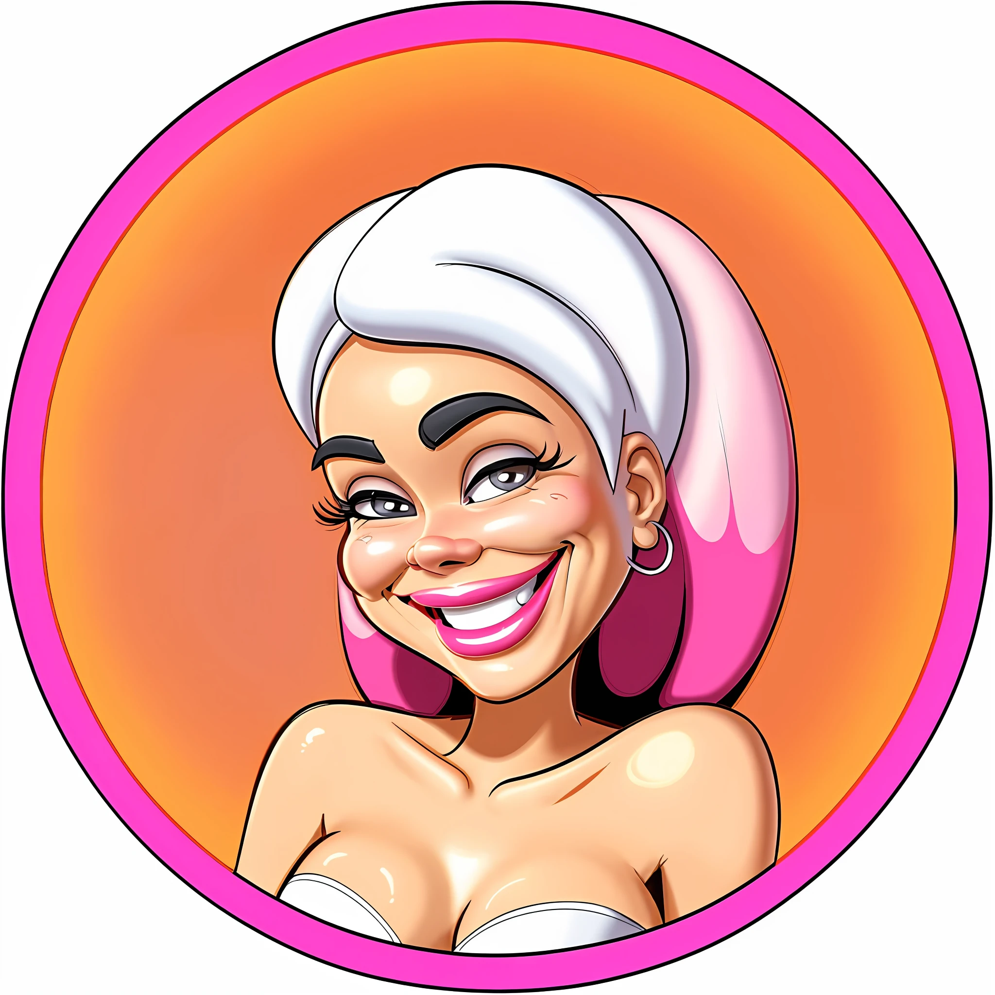 cartoon woman with a smile in a circle, in cartoon style, cartoon artstyle, round teeth and goofy face, crazy seductive smile, cartoon portrait, she is smiling and happy, with round cheeks, she is smiling, cartoon illustration, cartoon style illustration, with round face, she is smiling and excited, cel shaded:15, friendly seductive smile, cartoon face