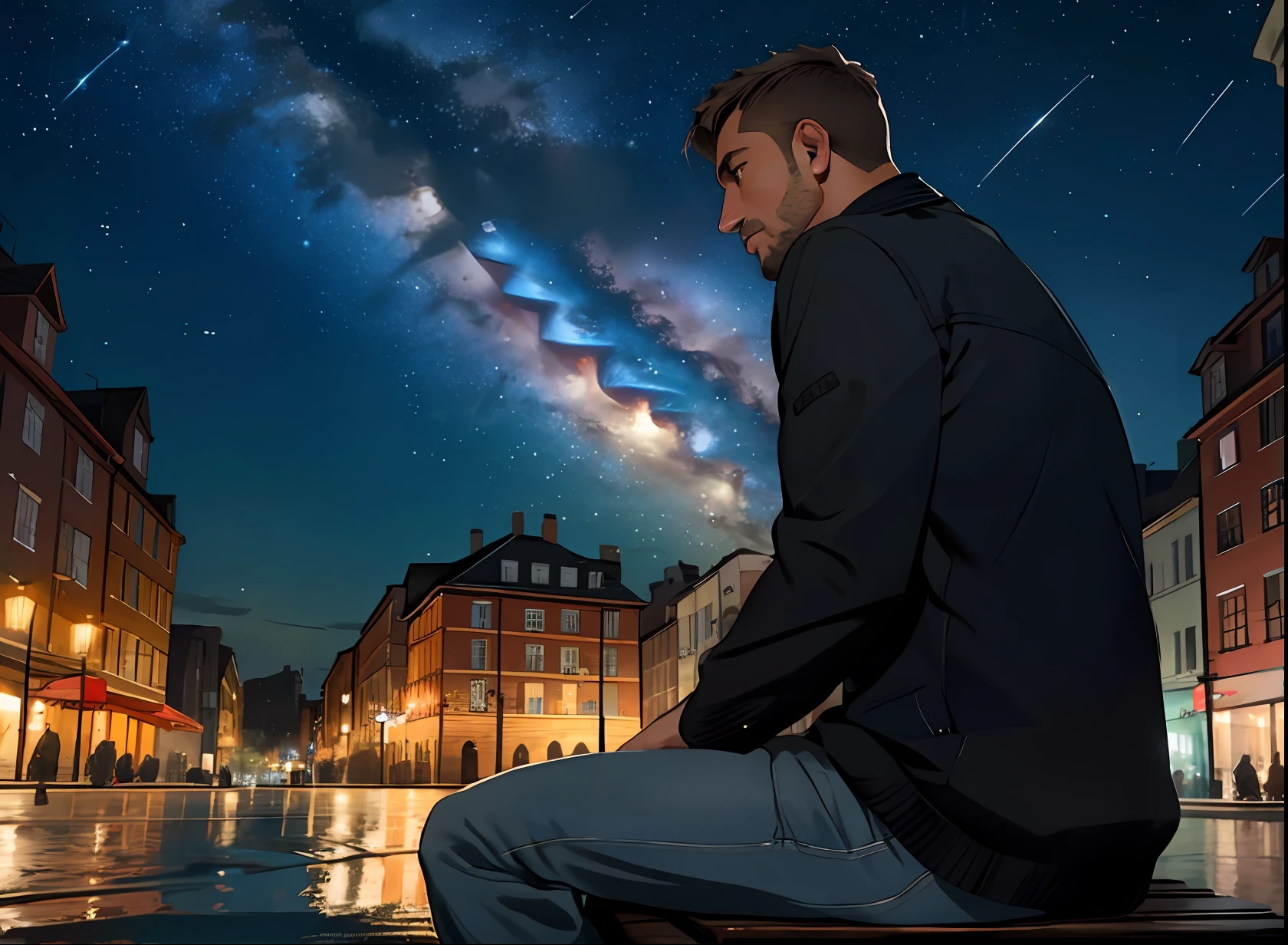 A man sitting on a bench in the square looking at the night sky filled with beautiful and bright stars, best quality, 8k, masterpiece, anatomically correct, high details, retina, realism, hyperreallism, film,