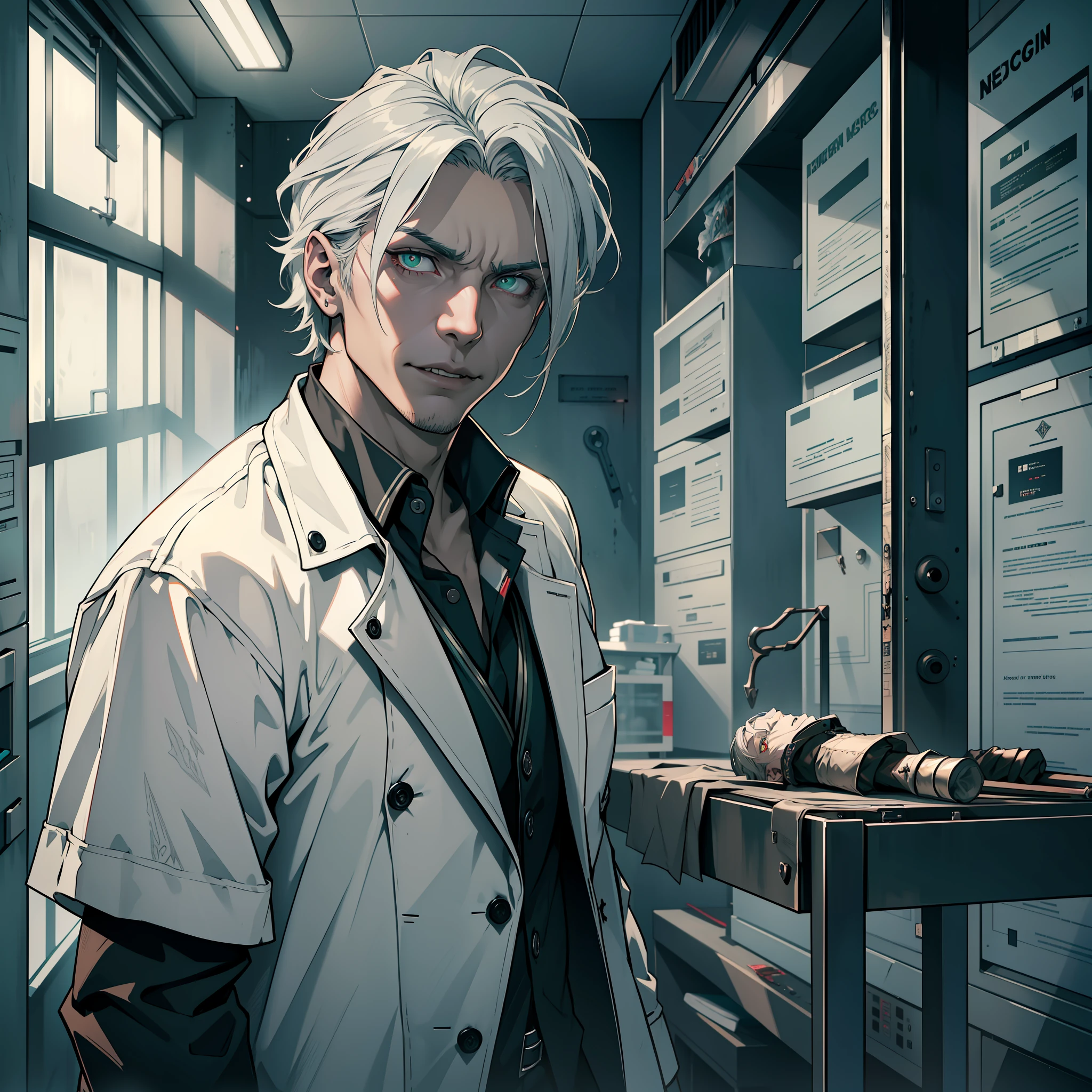 (extremely detailed 8k wallpaper), dark theme, Vampire the Masquerade, modern horror, 2020s, middle-aged man, wearing white private morgue coat, sharp focus, (subsurface scattering:1.1), award-winning photograph, centered face, (face of Will001), (((a vampire from Hecata))), half-body shot:1.1, gray hair, supernatural green eyes, serious expression, interior of morgue room, next to the autopsy table, dramatic lighting