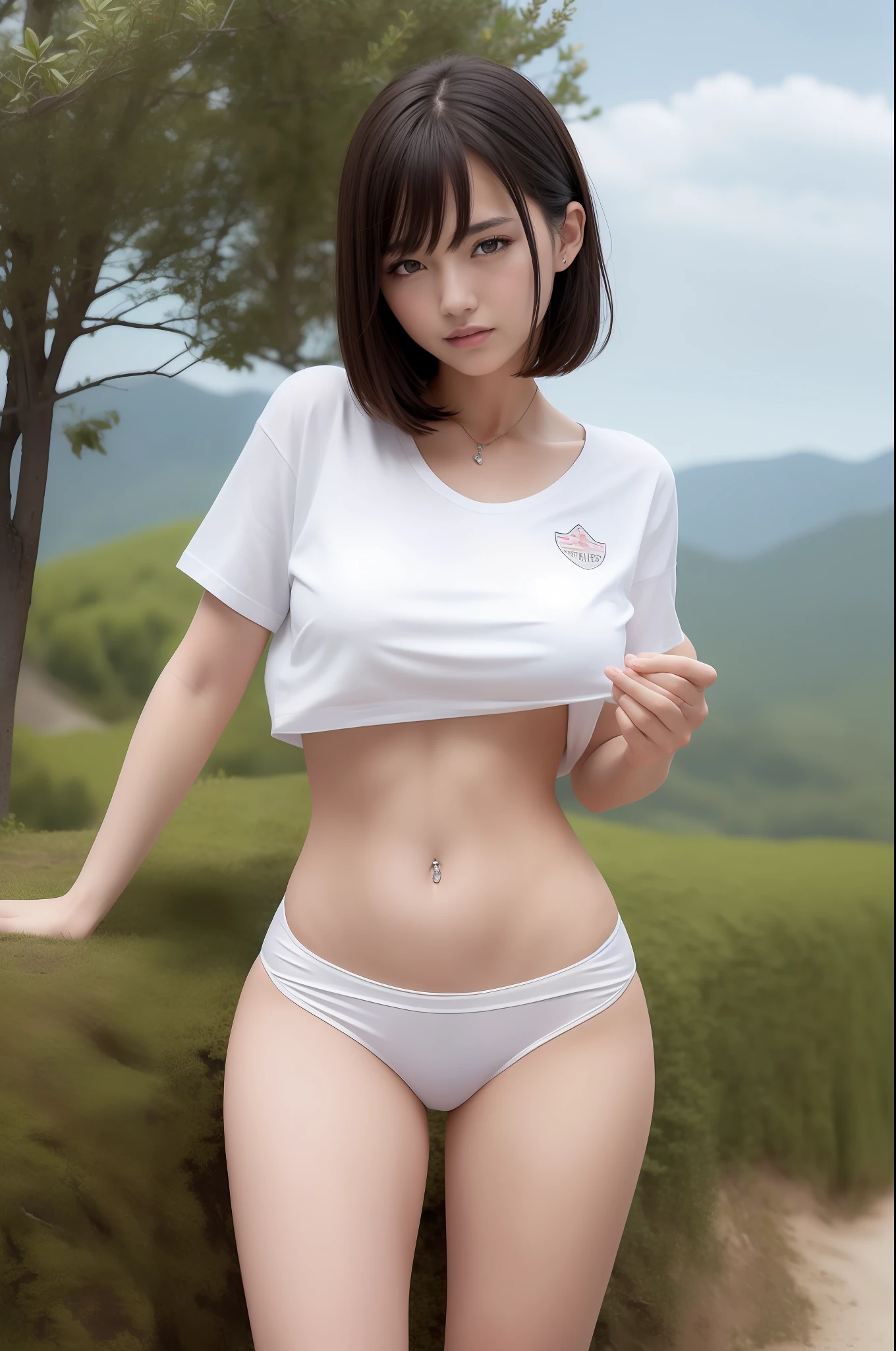 (RAW Photo: 1.2), (Photorealistic: 1.4), (Masterpiece: 1.3), (Best Quality: 1.4), Ultra High Resolution, (Detailed Eyes), (Detailed Facial Features), (Detailed Clothing Features), HDR, 8k Resolution, Solo Focus, Bangs, Skin Tightness, (Shiny Skin), (Slender Girl), Dreamy,
(extreme detailed drawing), confirmation of commentary, request for commentary, landscape, no text,
Virtual Girl - Aim,
1 girl, full body, white T-shirt, Yue chu loincloth,
cute, innocent,
(smile), beautiful legs