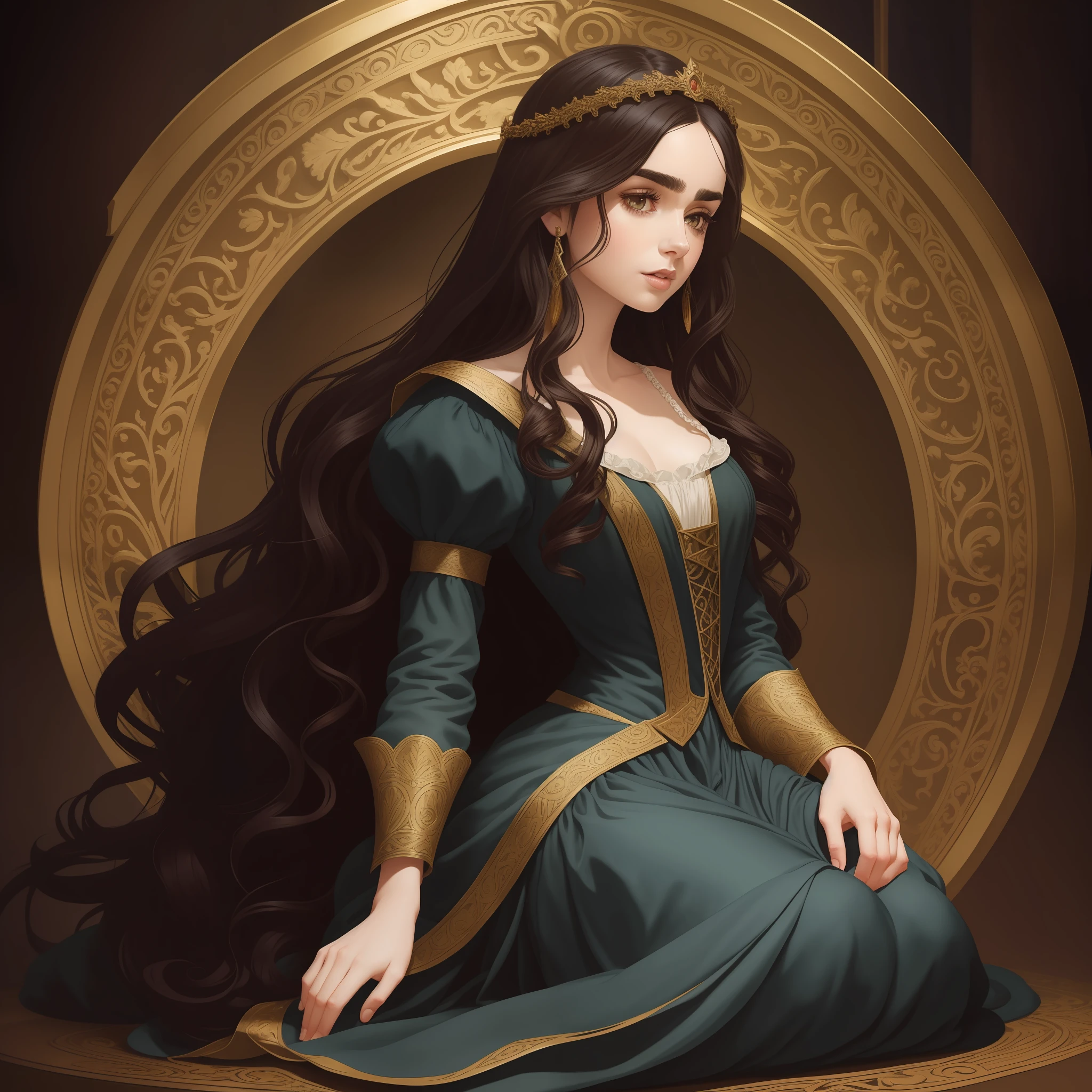 Lily Collins with long black curly hair in a medieval chemise, medieval plebeian clothing, an illustration is detailed, smooth and glossy, full body, HD artwork by Justin Gerard