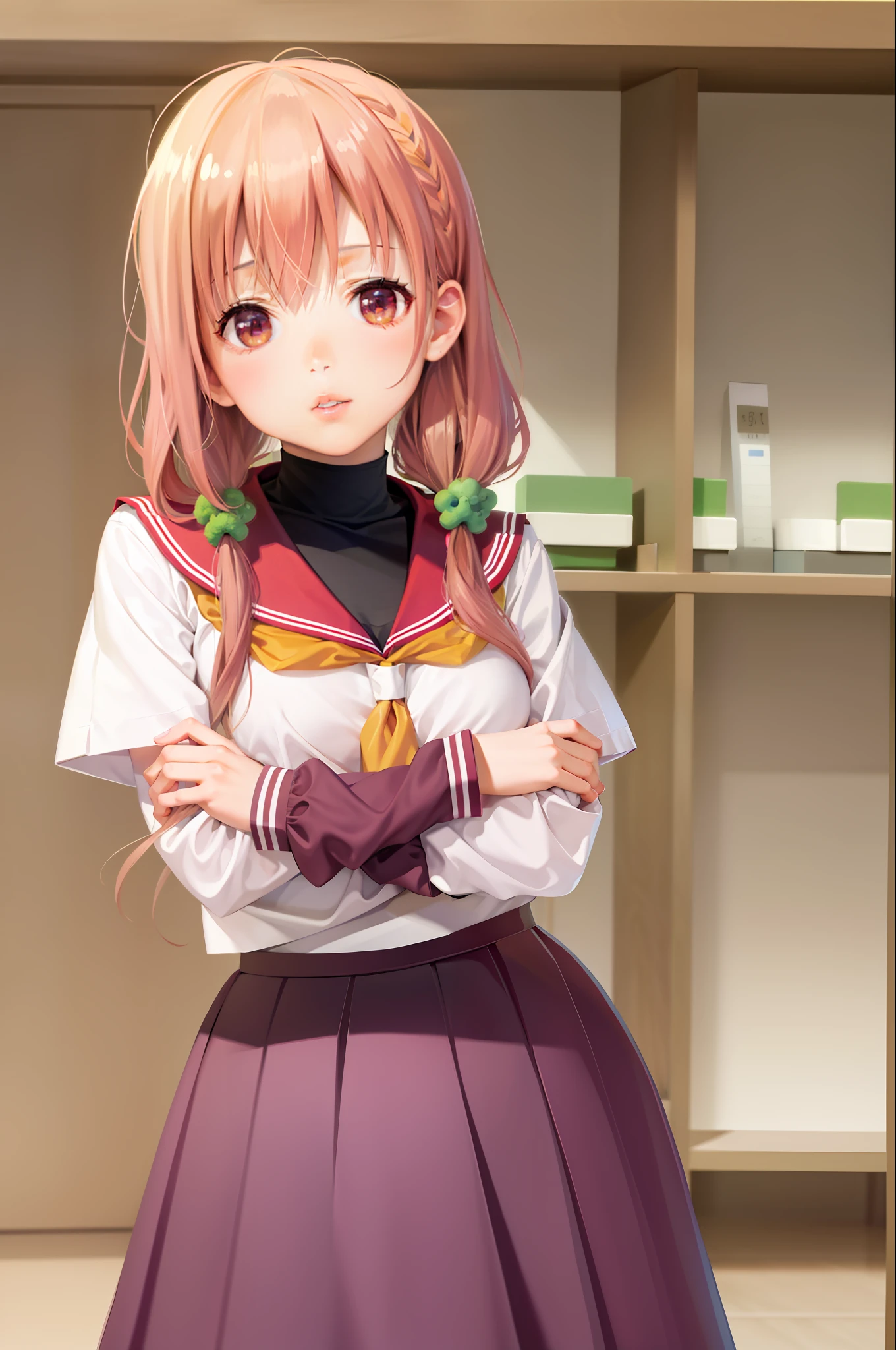 (masterpiece, best quality:1.2), solo, 1girl, sakuragi hinako, parted lips, looking at viewer, hand on own arm, bangs, low twintails, hair ornament, school uniform, serafuku, skirt, large breasts