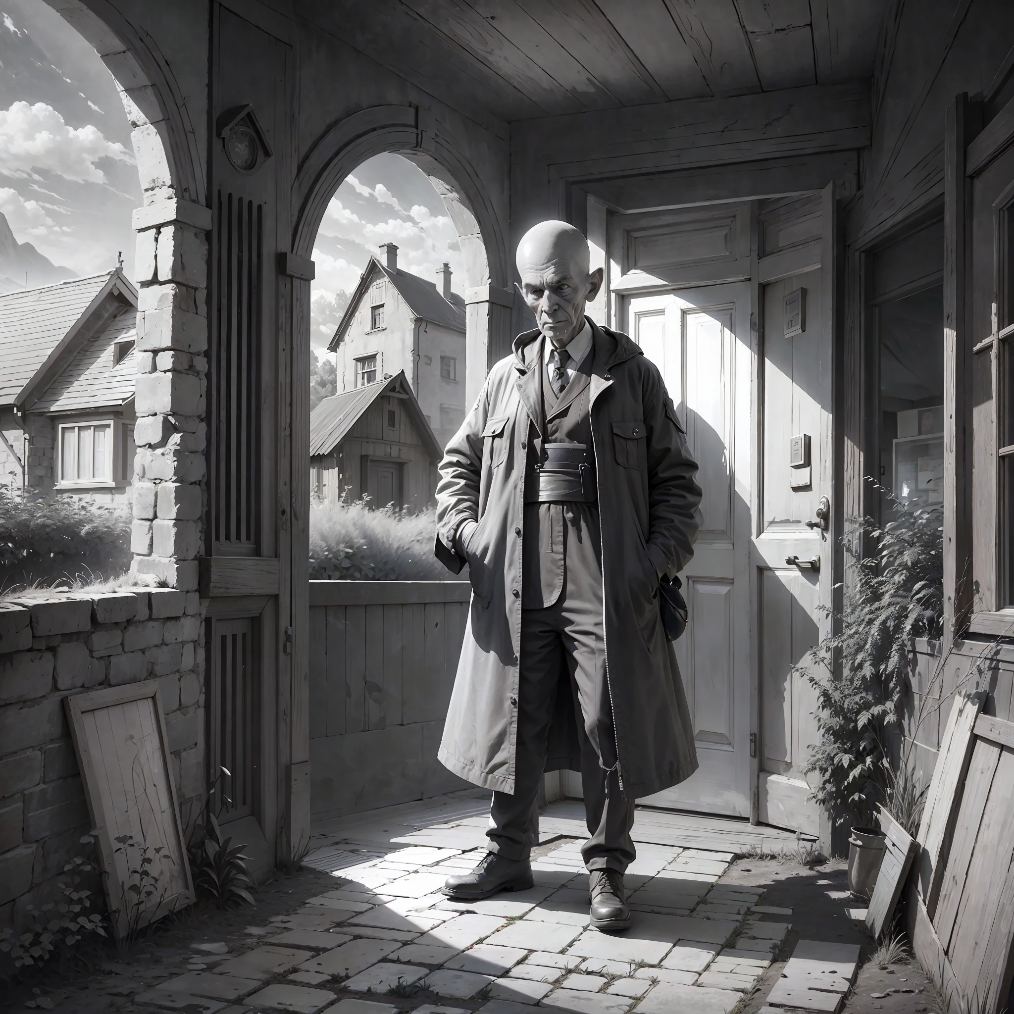 Imagine an extra terrestrial, on the side of several men from the 1950s countryside, behind a village, 8k high definition image, well detailed, black and white image, cinematic image, textures, details, shadows, natural light.