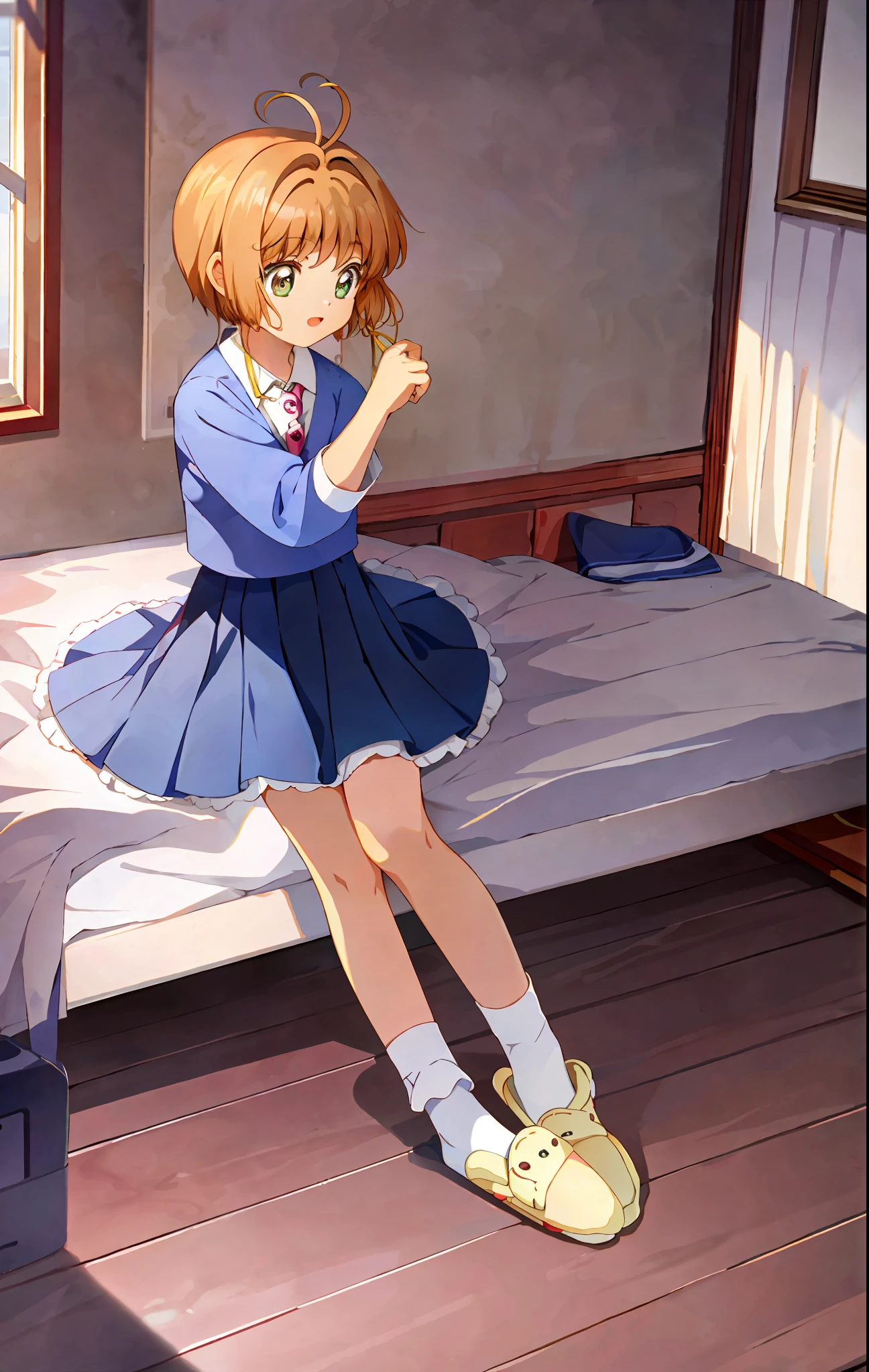 masterpiece, best quality, 1girl, solo, kinomoto sakura, skirt, slippers, socks, bedroom, interior, full body, two sides up,magic