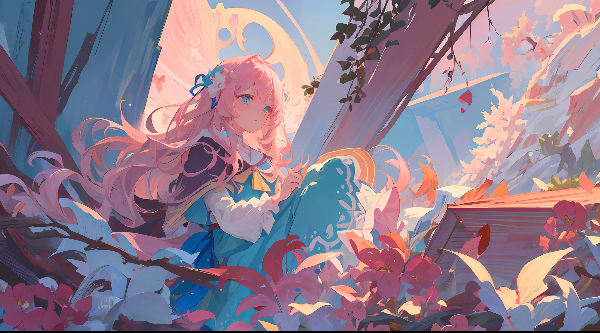 (1girl:1.2), slight blush, hands down, wavy hair, long hair, fluffy hair, pink hair, icy blue eyes, sakura tree, hair flower, capelet, lace trim, bodice, wind, winter, mountain range, mountain sitting near mountain, detailed water, sparkling eyes, light smile, peaceful, extremely detailed, depth of field, cinematic lighting, Ghibli-like colours, high detail, scenery, high place, horizon, wind, wind blow, looking at viewer, ta clothes, 8k, bokeh, from side, award winning, (masterpiece:1.2), best quality, anatomically correct, perfect hands