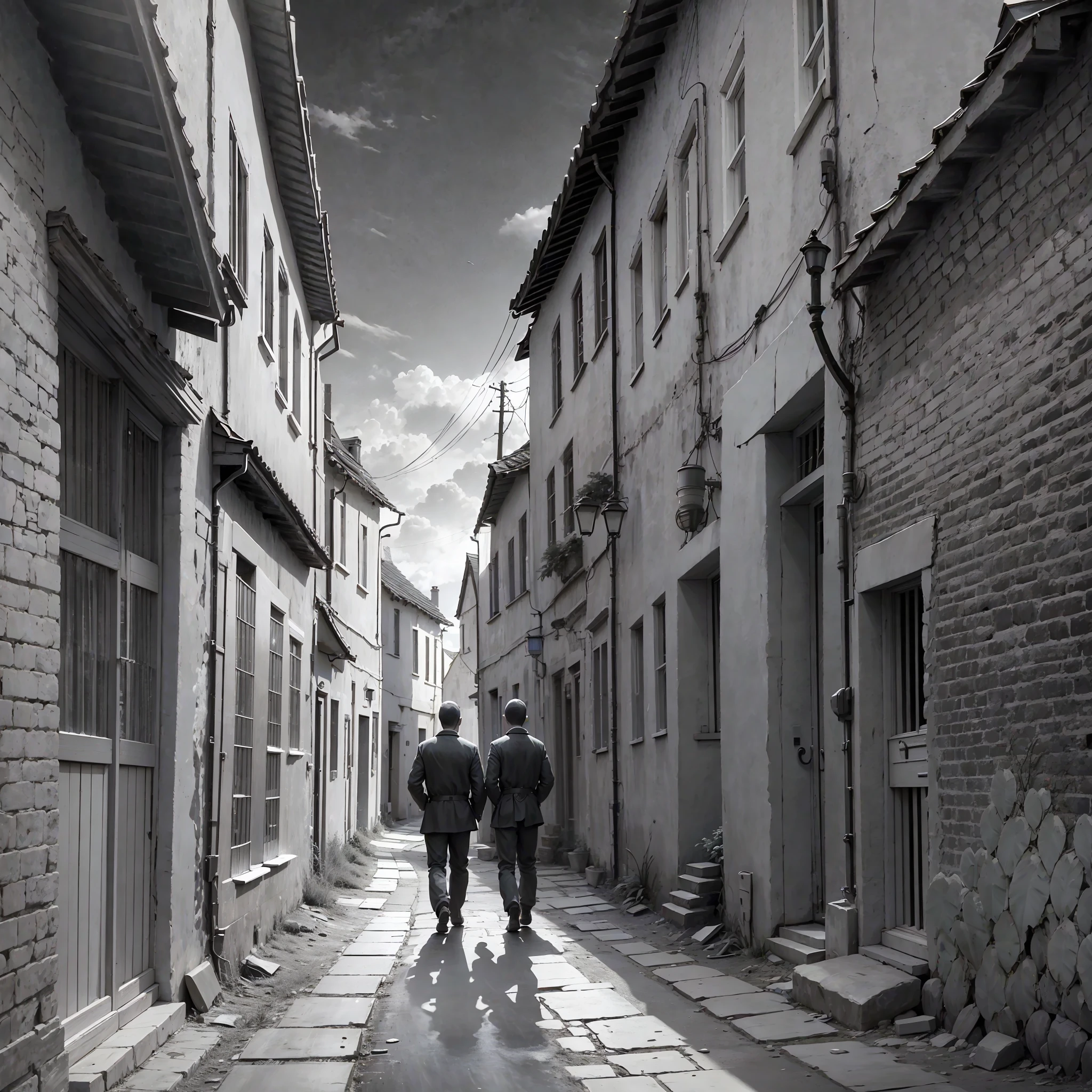 Imagine an extra terrestrial, on the side of several men from the 1950s countryside, behind a village, 8k high definition image, well detailed, black and white image, cinematic image, textures, details, shadows, natural light.