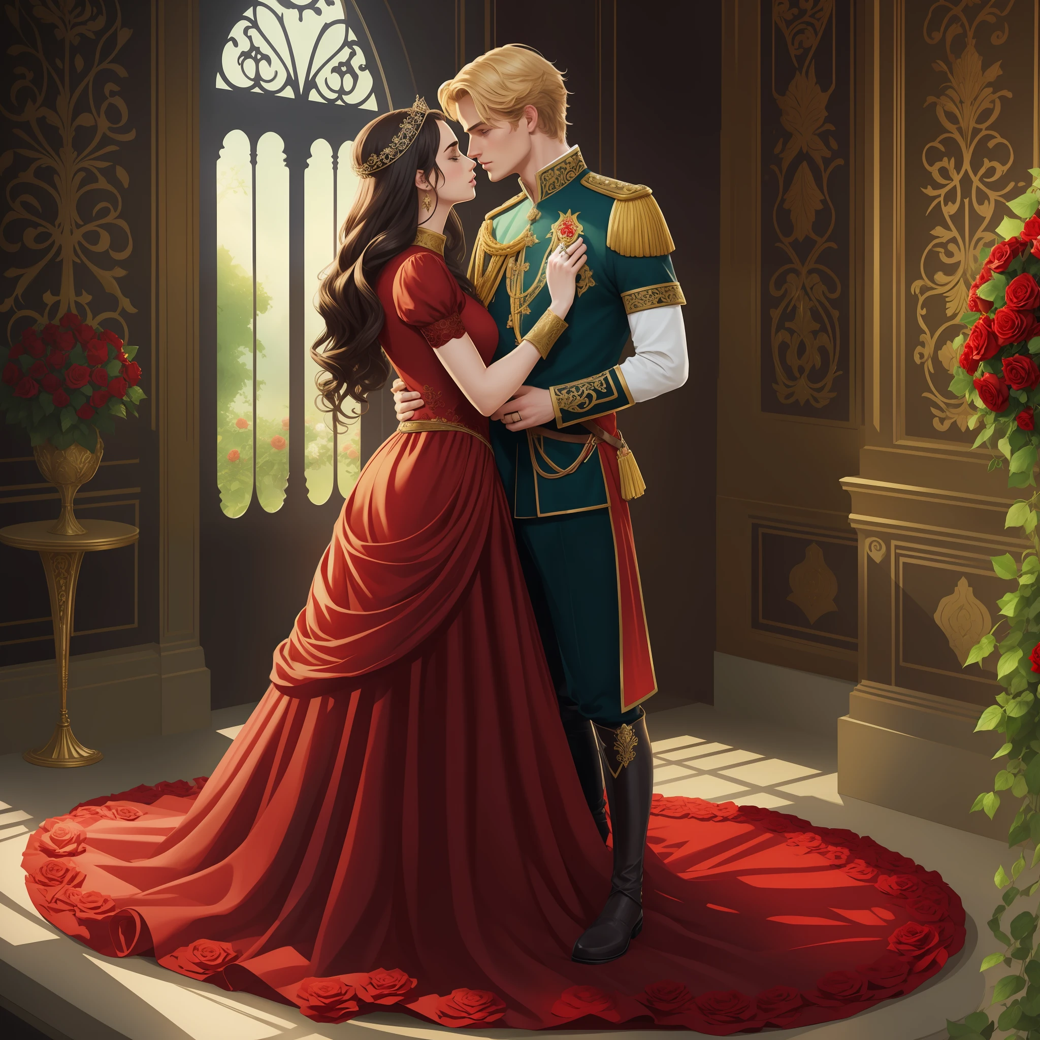 Couple kisses a home and a woman with much affection, the man Neels Visser is a prince who has golden blonde hair, wears a medieval military garb and is in love with the commoner, the woman Lily Collins;, who has curly brunette black hair and wears a red dress, Illustration of a novel book cover with a detailed background, smooth, bright full of ivy covered flowers and red roses, castle, Ornate dress standing on a bed of roses, Luminous ring, dynamic lighting, ethereal lighting, ultra detail, concept art, elegant, surreal, art by Stjepan Sejic