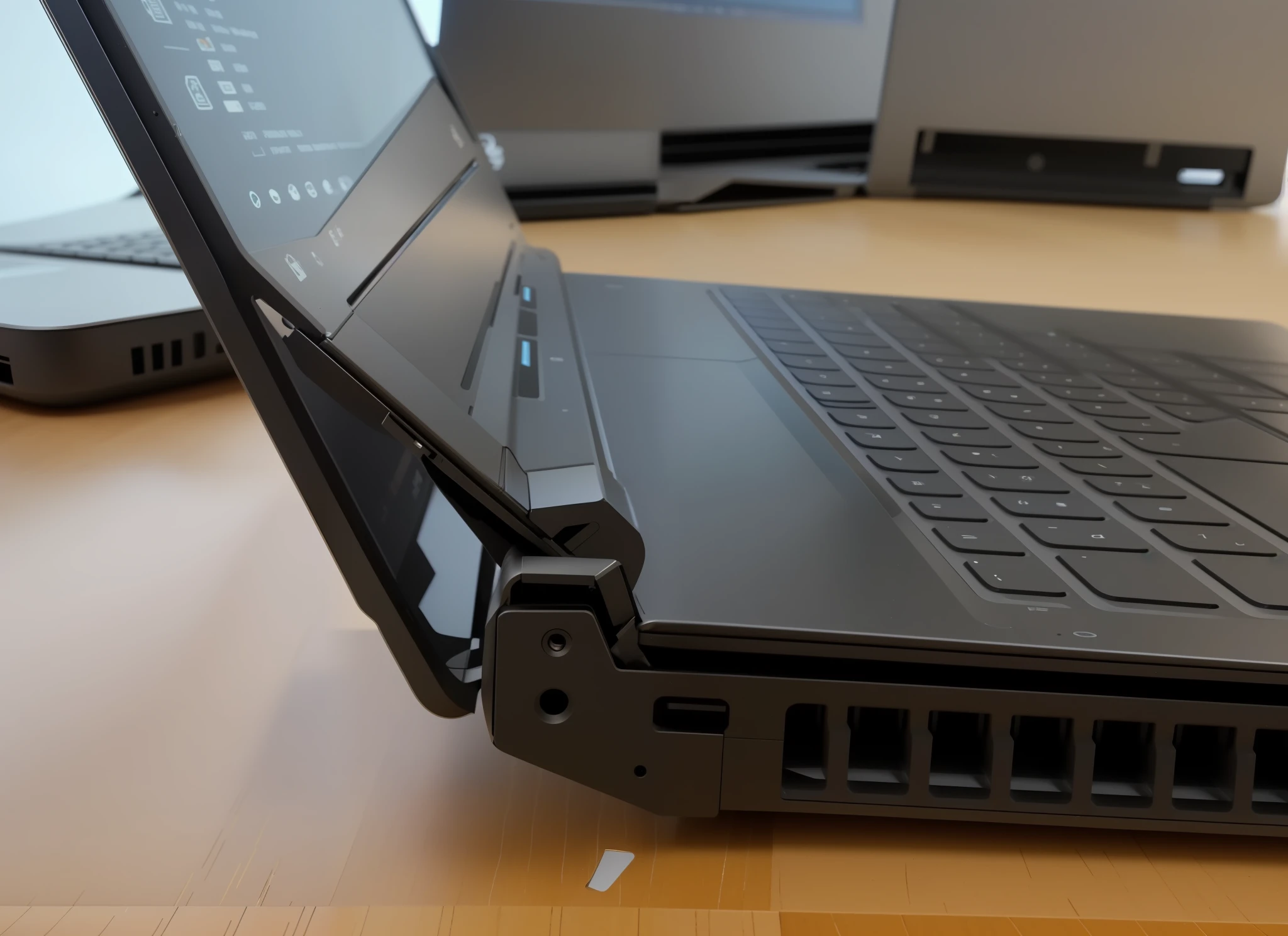 there is a laptop that is sitting on a table, broken laptop screen, bottom angle, close up shot from the side, side view close up of a gaunt, up-angle view, very sad c 12.0, angle view, disassemble the computer, profile close-up view, lit from the side, close-up shot taken from behind