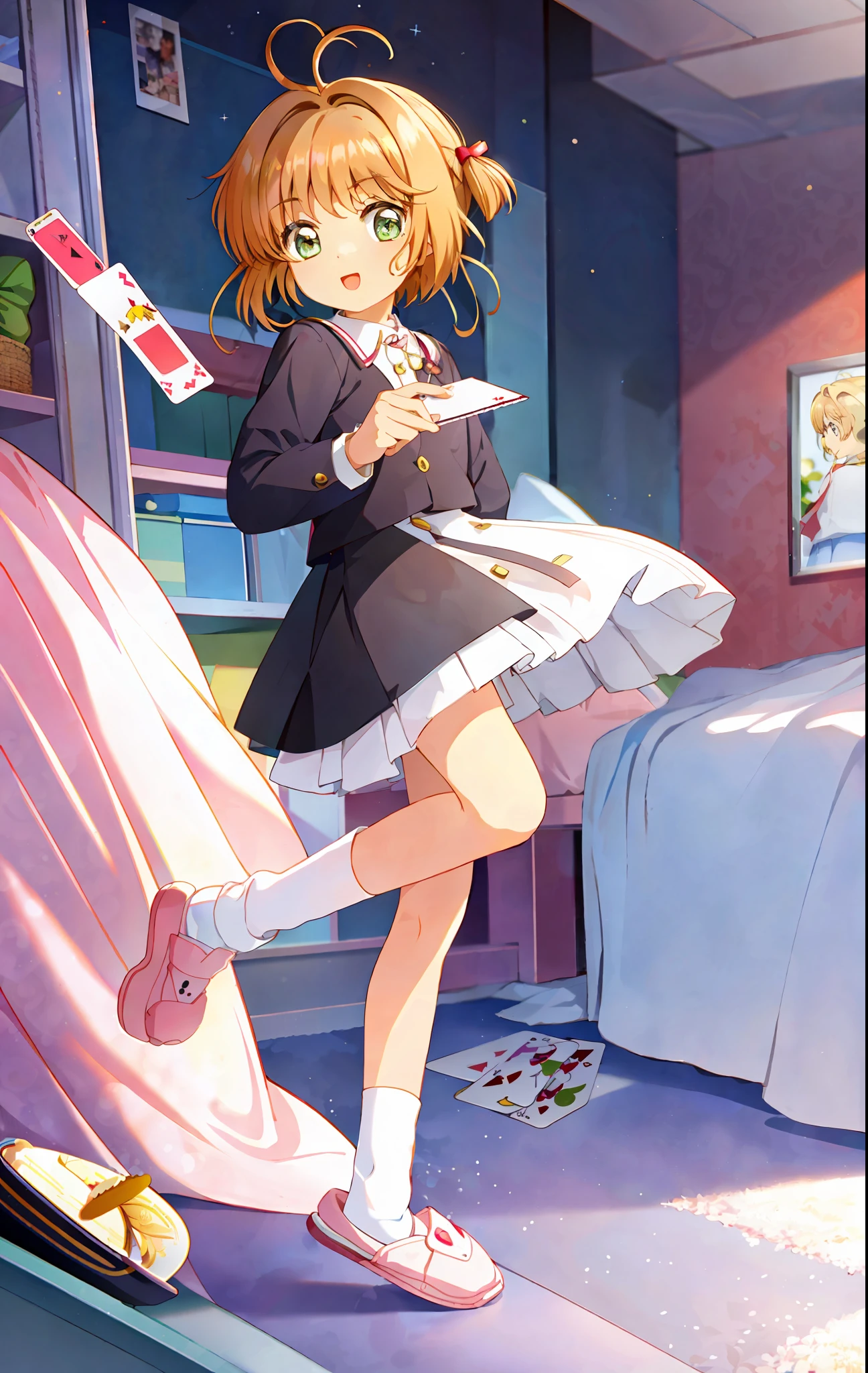 masterpiece, best quality, 1girl, solo, kinomoto sakura, skirt, slippers, socks, bedroom, interior, full body, two sides up,card magic