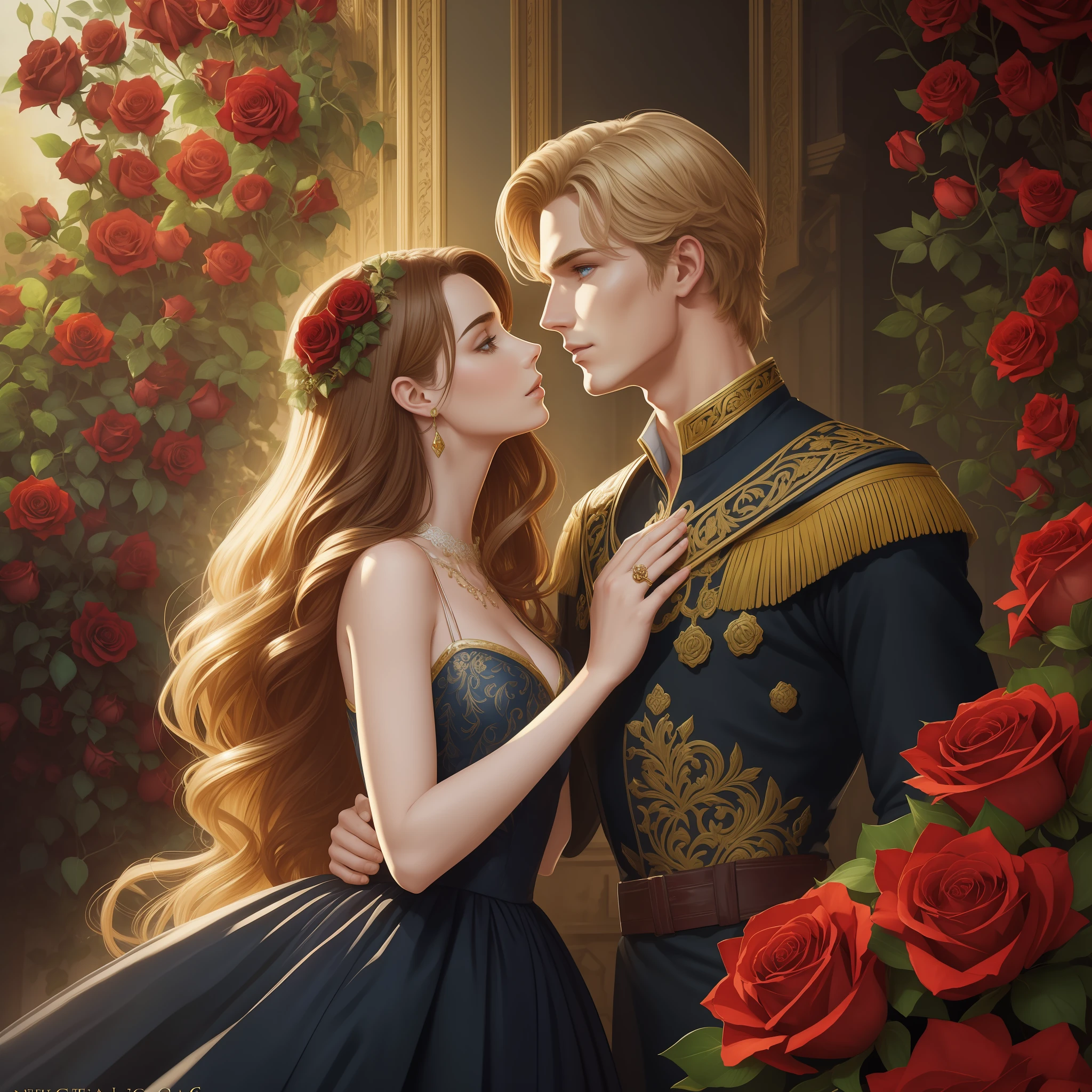 Couple kisses a home and a woman with much affection, the man Neels Visser is a prince who has golden blonde hair, wears a medieval military garb and is in love with the commoner, the woman Lily Collins;, who has curly brunette black hair and wears a red dress, Illustration of a novel book cover with a detailed background, smooth, bright full of ivy covered flowers and red roses, castle, Ornate dress standing on a bed of roses, Luminous ring, dynamic lighting, ethereal lighting, ultra detail, concept art, elegant, surreal, art by Stjepan Sejic
