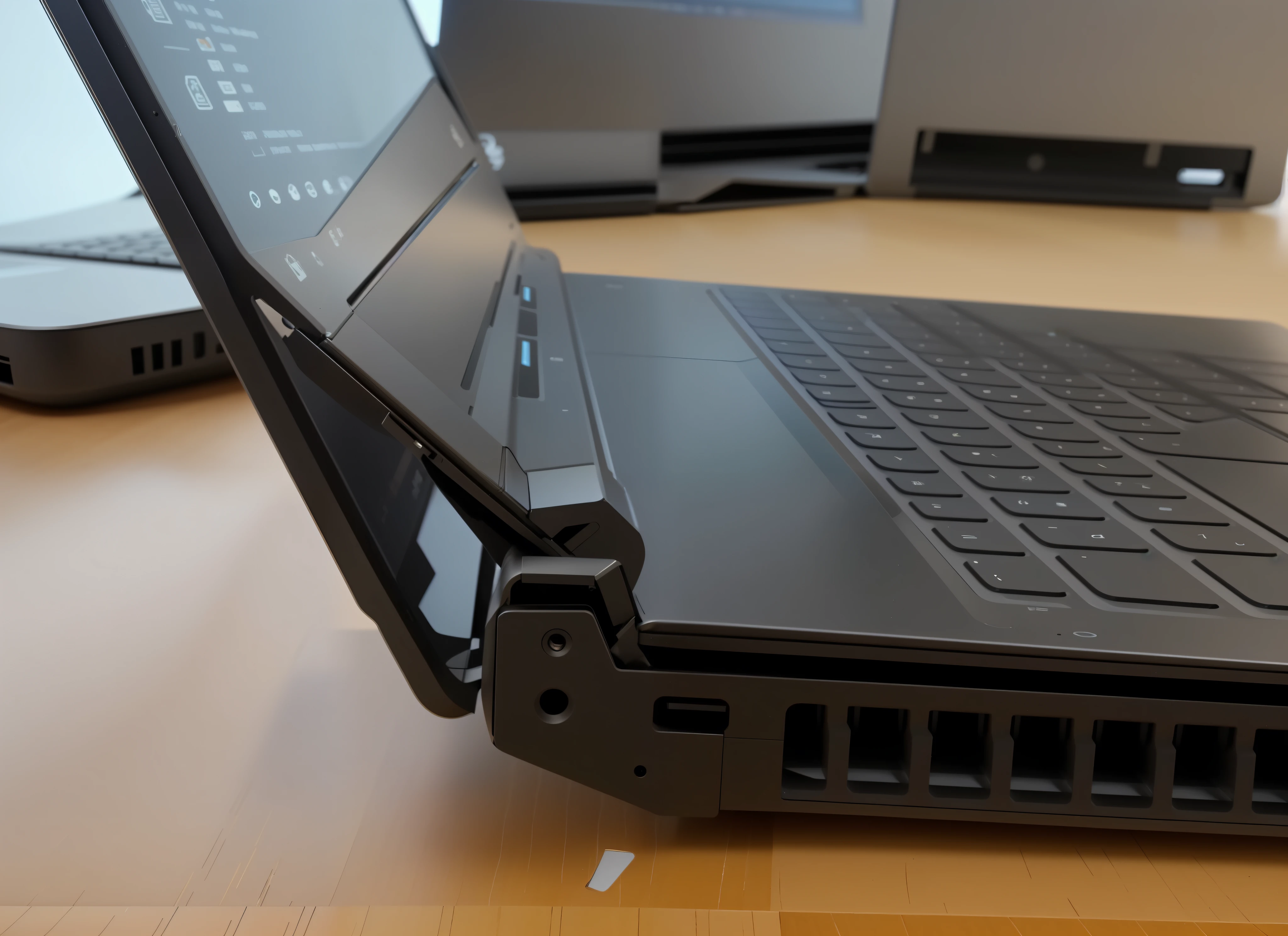 there is a laptop that is sitting on a table, broken laptop screen, bottom angle, close up shot from the side, side view close up of a gaunt, up-angle view, very sad c 12.0, angle view, disassemble the computer, profile close-up view, lit from the side, close-up shot taken from behind