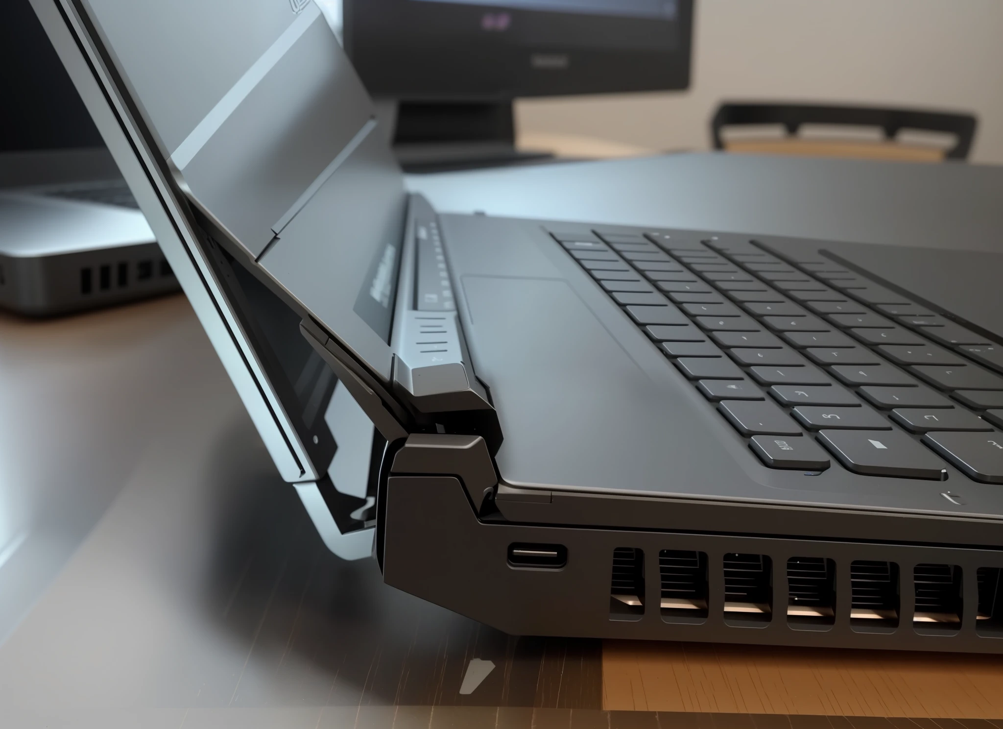 there is a laptop that is sitting on a table, broken laptop screen, bottom angle, close up shot from the side, side view close up of a gaunt, up-angle view, very sad c 12.0, angle view, disassemble the computer, profile close-up view, lit from the side, close-up shot taken from behind