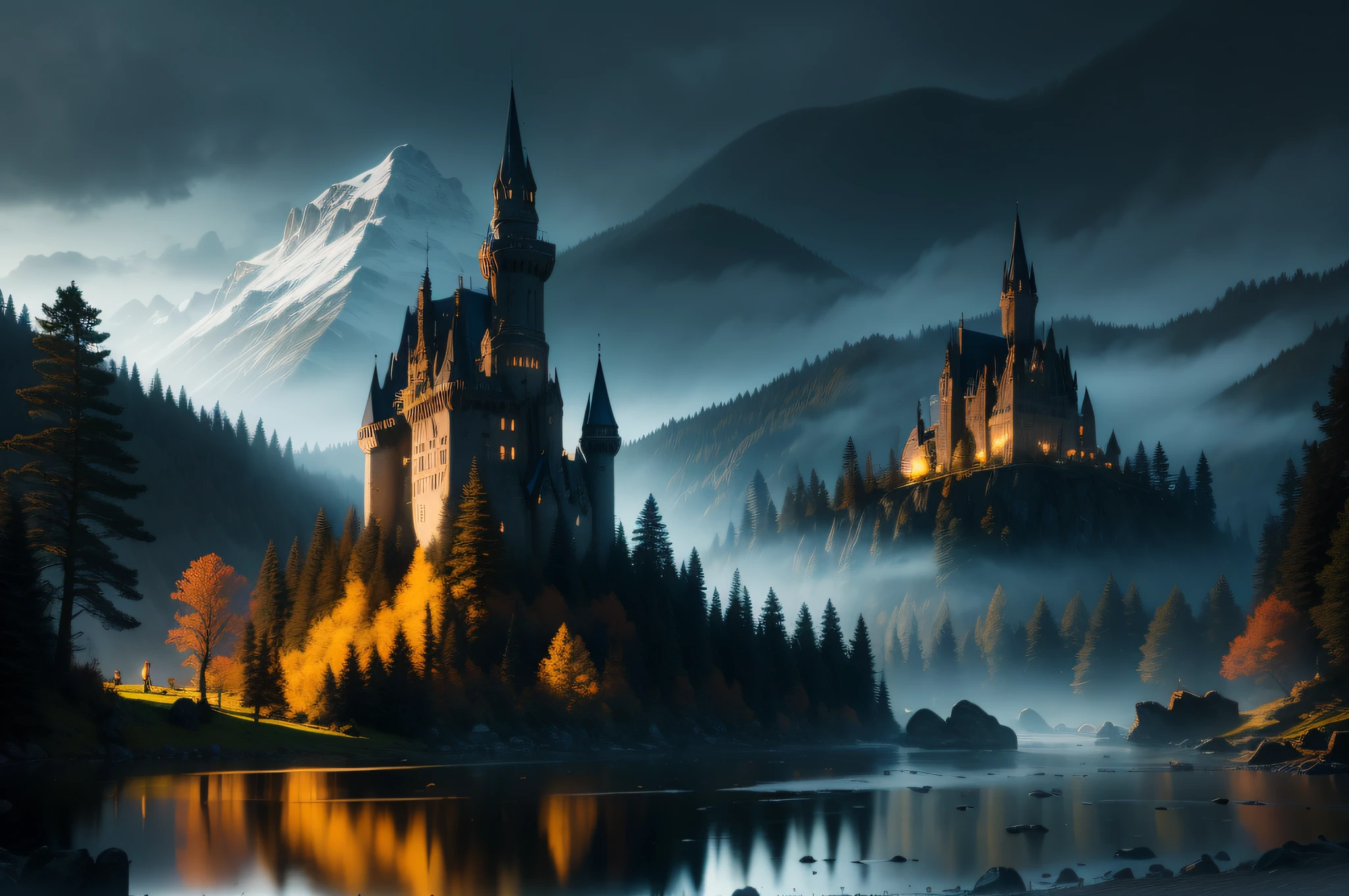 Ancient gothic architecture, cool colors, dark night, moon, lake, stone bridge, rockery, arch, ((intense Godrays)), corner, tree, running water, landscape, outdoor, waterfall, intense snowfall grass, rock, intense rainfall, dark sky, rain, vines all around, giant and wet trees, mist, with glowing leaves in the trees, glowing particle effects, a viking castle at the top of a mountain with light wondows, Neoclassicism, Renaissance, Conceptual art, Northern Renaissance, depth of field, cinematic lighting, motion blur, glowing light, god rays, ray tracing, reflection light, blending, bloom, film grain, Fujicolor, masterpiece, by Joseph Mallord William Turner