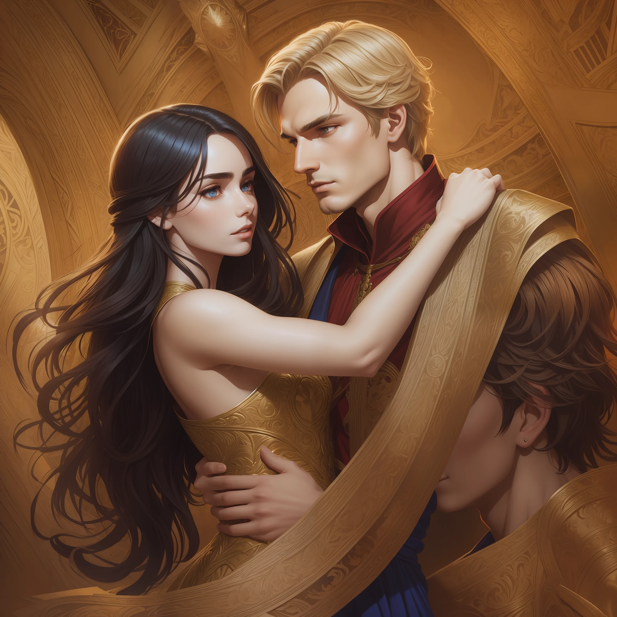 A couple dancing in the ballroom, the Neels Visser is a blond-haired prince wearing a medieval military outfit. Lily Collins has wavy black hair and wears a medieval red dress, Illustration of a book cover with detailed background, smooth, shiny as, Luminous ring, dynamic lighting, ethereal lighting, ultra detail, concept art, elegant, surreal, art by Lisa Aisato, Greg Hildebrandt, Citemer Liu, Stjepan Sejic, Samyang, Aykut Aydogdu, Justin Geraldo, Alphonse Mucha, Artgerm, WLOP and Greg Rutkowski
