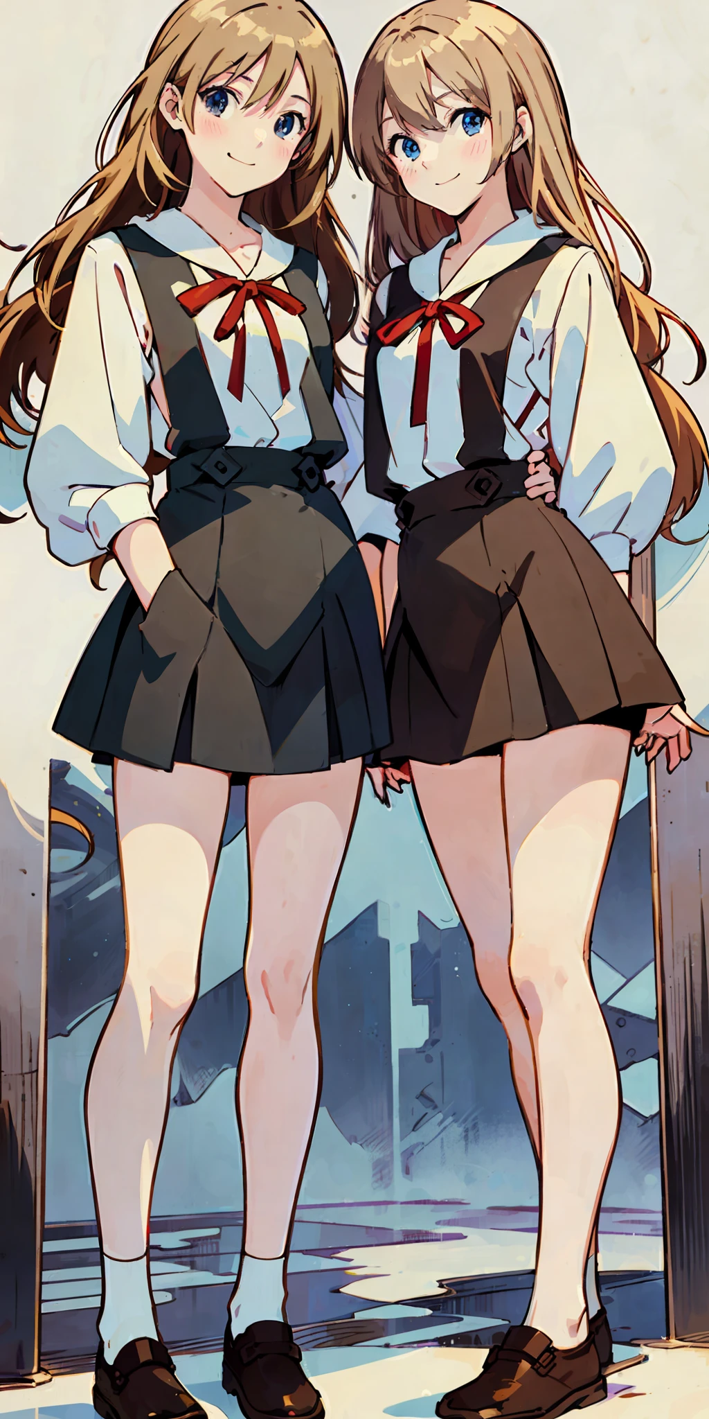 perfect anime illustration, 2girls, twin sisters, identical sisters, brown hair, blonde hair, (1 blonde girl, 1 brown haired girl, different hair colors), wavy hair, matching hairstyle, hazel eyes, smiling, ((matching outfits)), matching hairstyles, white background, highres, full body, pose