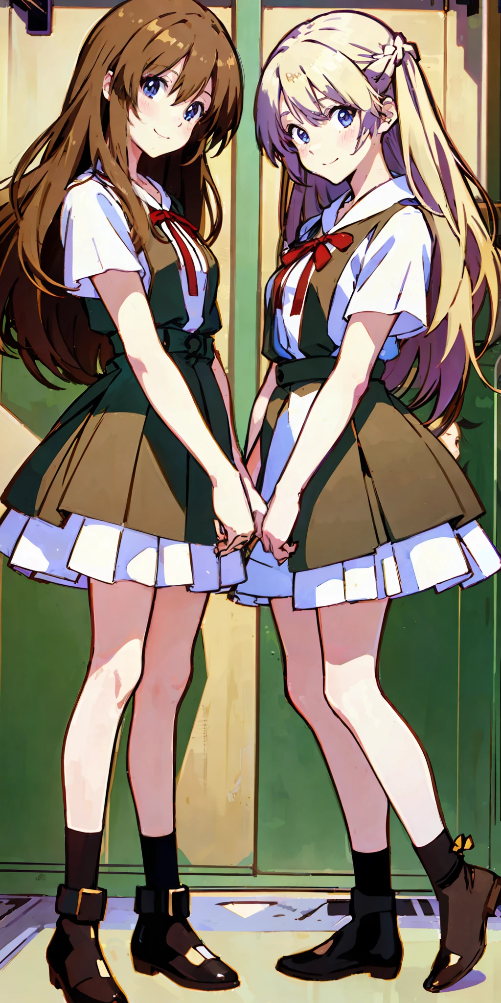 perfect anime illustration, 2girls, twin sisters, identical sisters, brown hair, blonde hair, (1 blonde girl, 1 brown haired girl, different hair colors), wavy hair, matching hairstyle, hazel eyes, smiling, ((matching outfits)), matching hairstyles, white background, highres, full body, pose