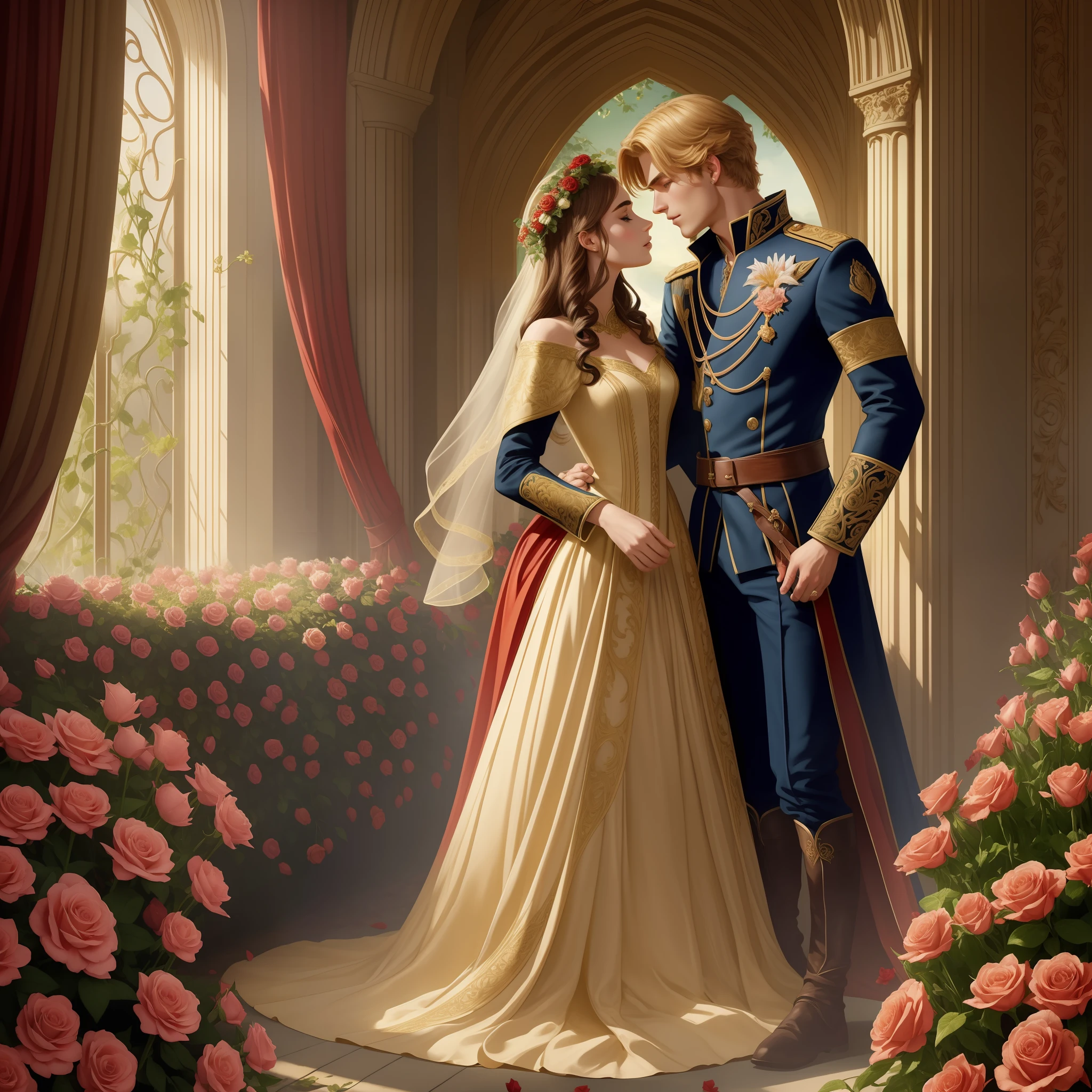 Couple kisses with great affection, Neels Visser is a prince who has golden blonde hair, wears a medieval military outfit and is in love with the commoner Lily Collins, who has curly brown black hair and wears a red dress, illustration of a romance book cover with a detailed, smooth, bright background full of ivy-covered flowers and red roses,  castle, ornate dress standing on a bed of roses, rim light, dynamic lighting, ethereal lighting, ultra detail, concept art, elegant, surreal, art by Justin Gerard