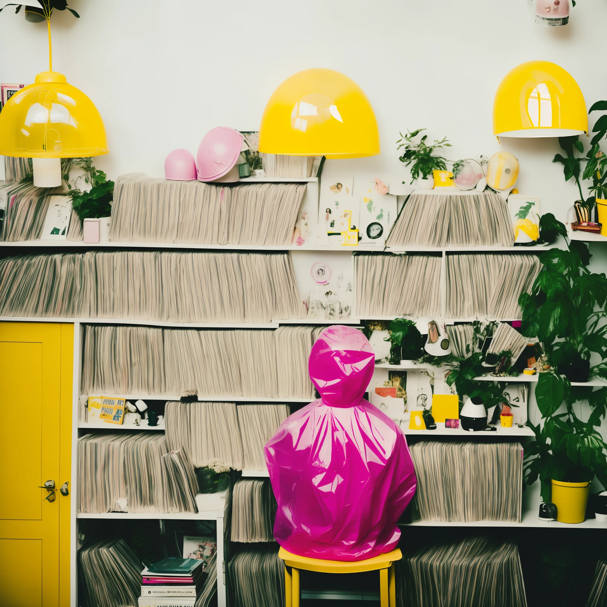 1970s man in suit and raincoat with transparent plastic helmet of pink cap Wes Anderson sitting in chair alone indoors, yellow lampshade, apartment full of tears, vinyl, plants, books, instruments around, empty house