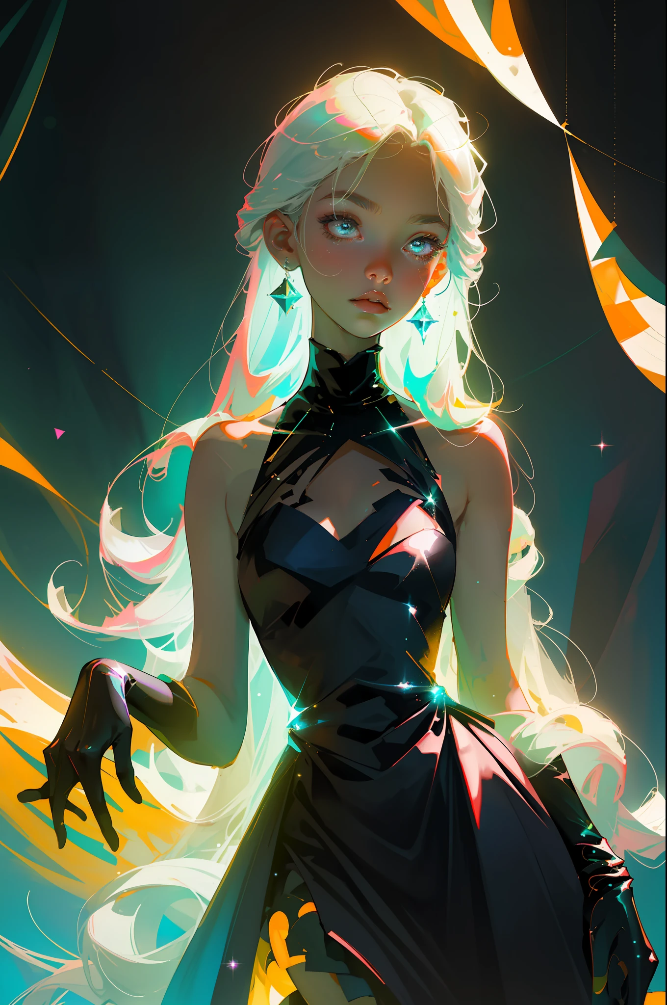 Masterpiece, best quality, super high resolution, fluorescent color,1 girl, looking at the audience, beautiful face, beautiful eyes, (bare shoulder: 1.2), head up, upper body, forest, shiny hair, shiny skin, glowing cut, chibi, hands not shown: 1.5, black starlight dress, particles