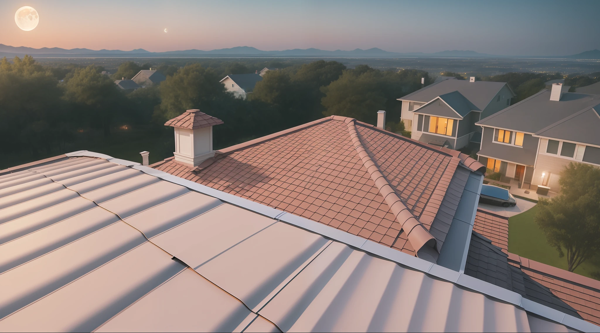 vision (sitting on top of the roof of a house,) landscape, night, moon, dark sky, marble, dark, midnight