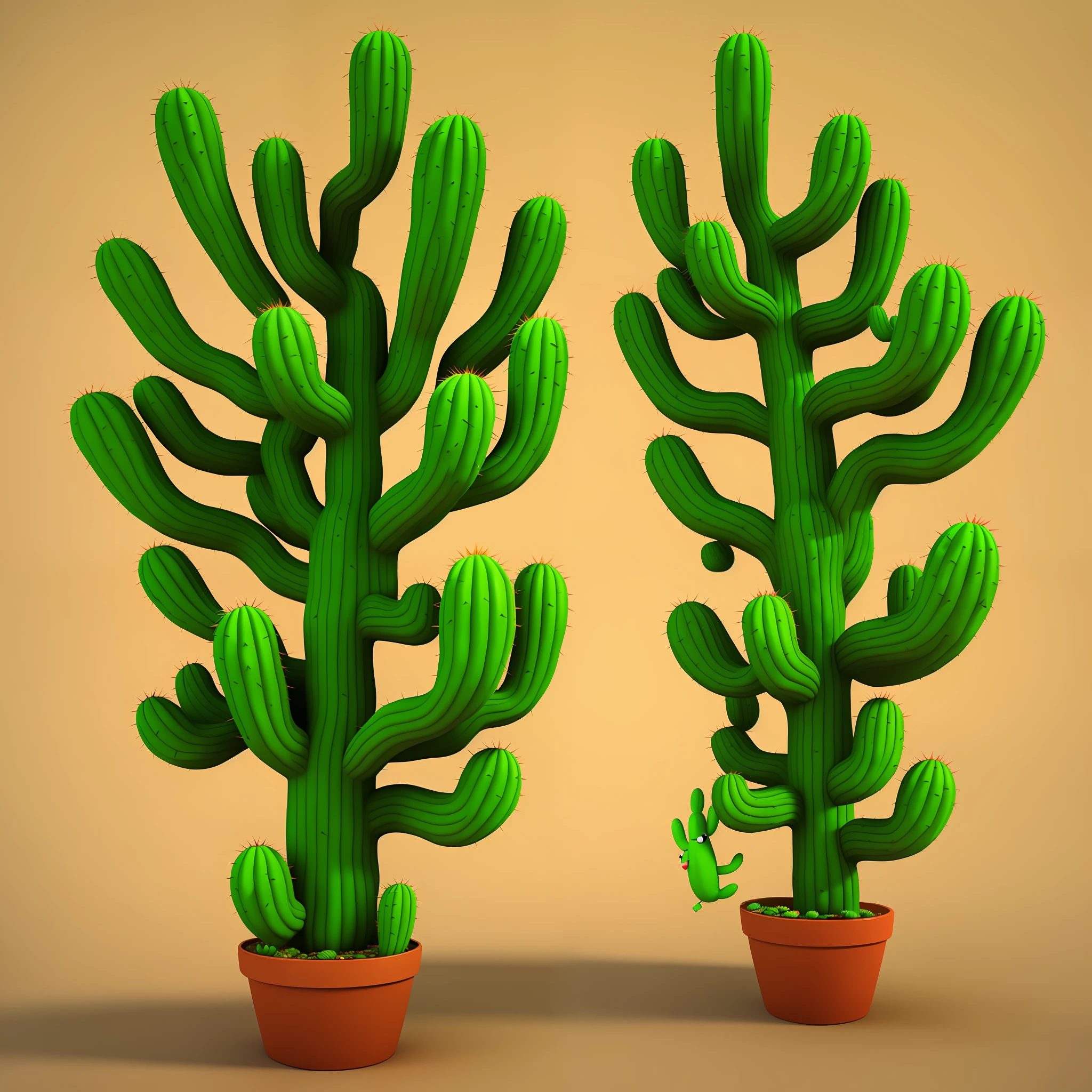 A very funny cactus tree 3D render with big eyes and a big mustache.