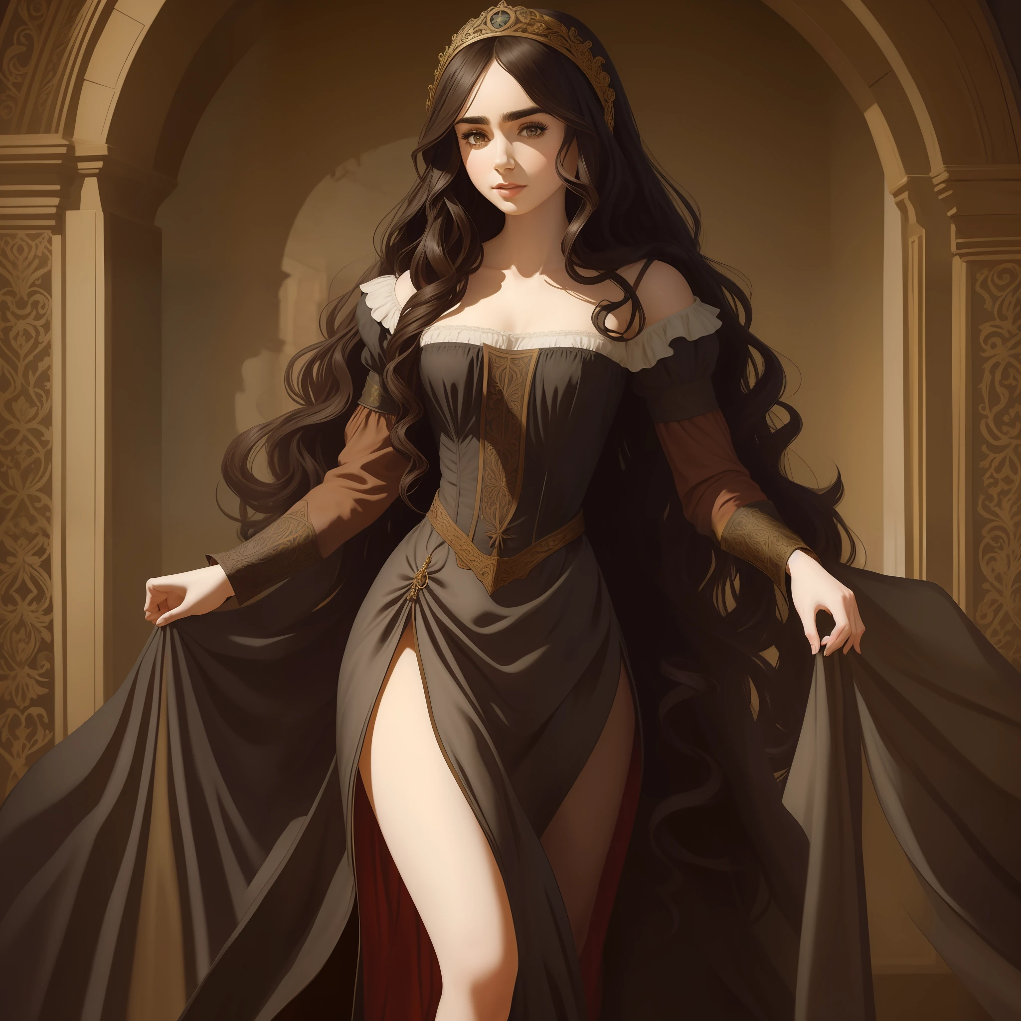 Lily Collins with long black curly hair in a medieval chemise, medieval plebeian clothing, an illustration is detailed, smooth and glossy, full body, HD artwork by Justin Gerard
