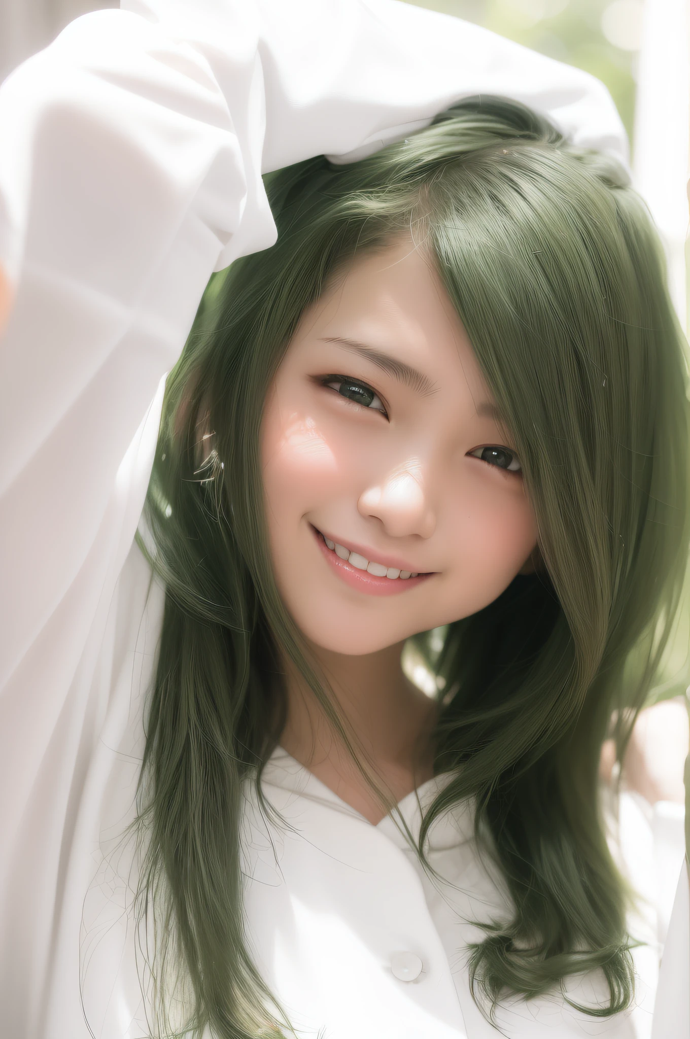 there is a woman that is smiling and posing for a picture, ayaka, beautiful japanese girls face, cute seductive smile, young cute wan asian face, young asian girl, close up iwakura lain, friendly seductive smile, anime thai girl, young pretty gravure idol, slight cute smile, coy smile, portrait of a japanese teen, young sensual gravure idol, green eyes