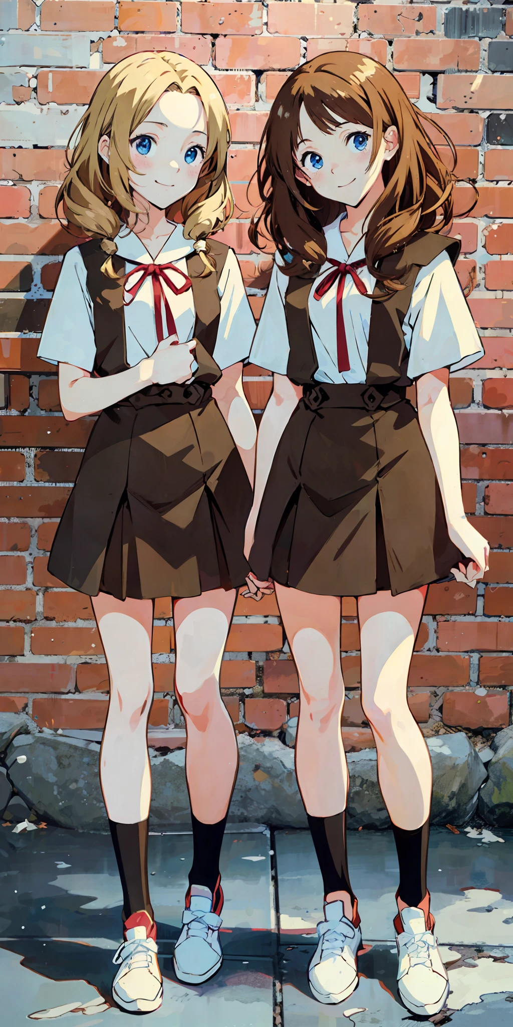 perfect anime illustration, 2girls, twin sisters, identical sisters, brown hair, blonde hair, (1 blonde girl, 1 brown haired girl, different hair colors), curly hair, matching hairstyle, hazel eyes, smiling, ((matching outfits)), matching hairstyles, white background, highres, full body, pose