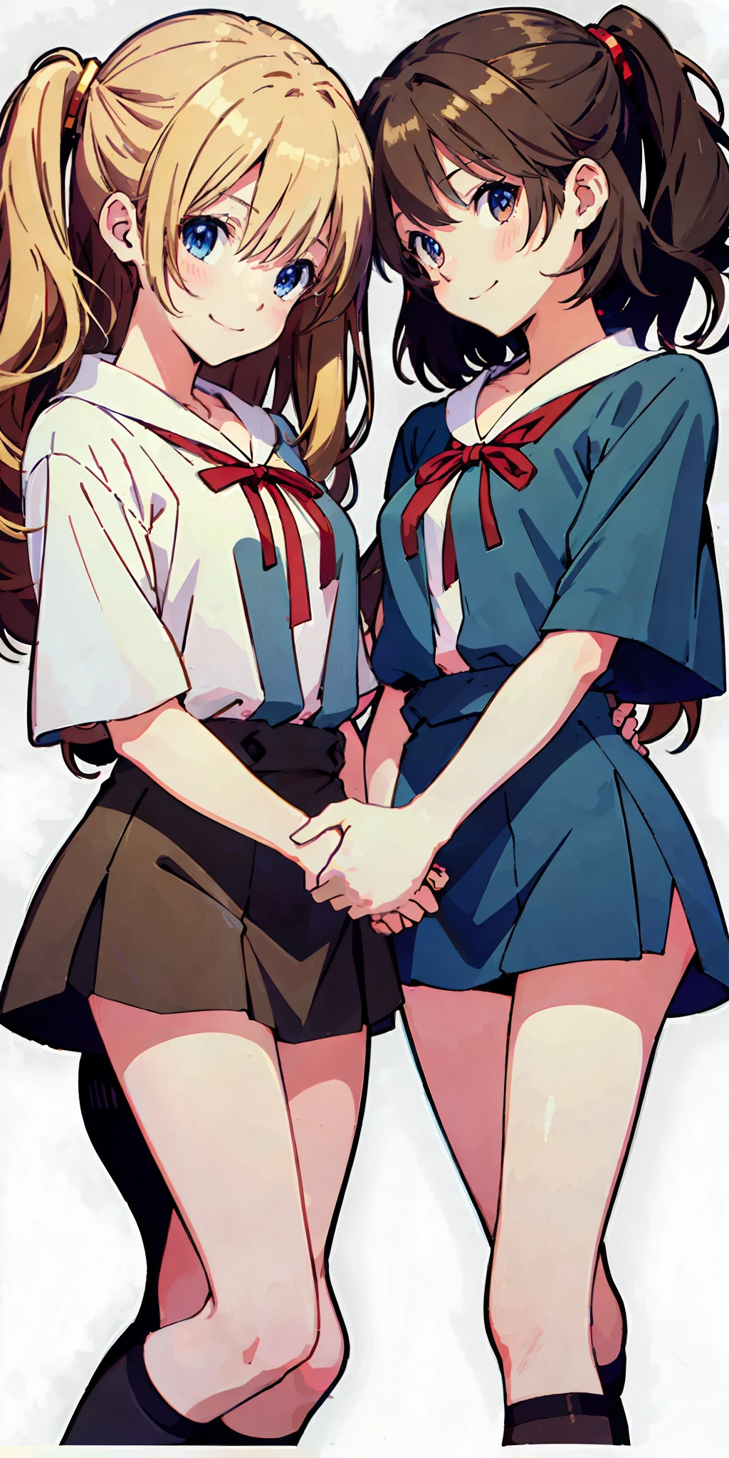 perfect anime illustration, 2girls, twin sisters, identical sisters, brown hair, blonde hair, (1 blonde girl, 1 brown haired girl, different hair colors), curly hair, matching hairstyle, hazel eyes, smiling, ((matching outfits)), matching hairstyles, white background, highres, full body, pose