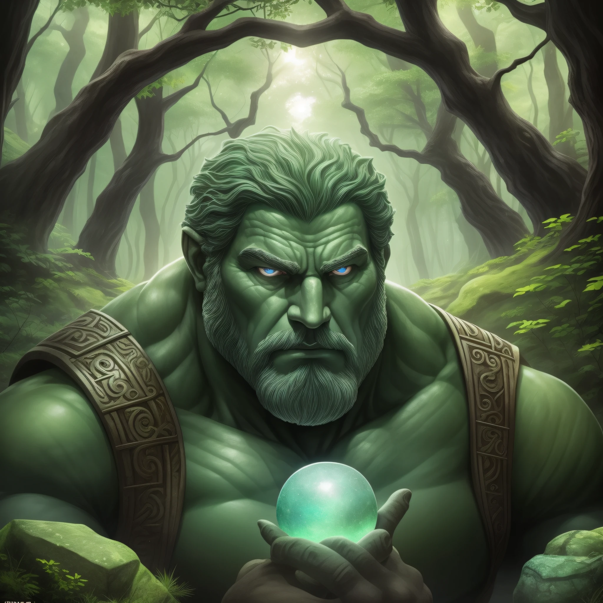 imagine a character of Stone he is (Giant) (very large) his skin is of solid and ancient rocks, eyes that look like precious stones, and is in a forest, very green, with a sun appearing, the lighting is very realistic.