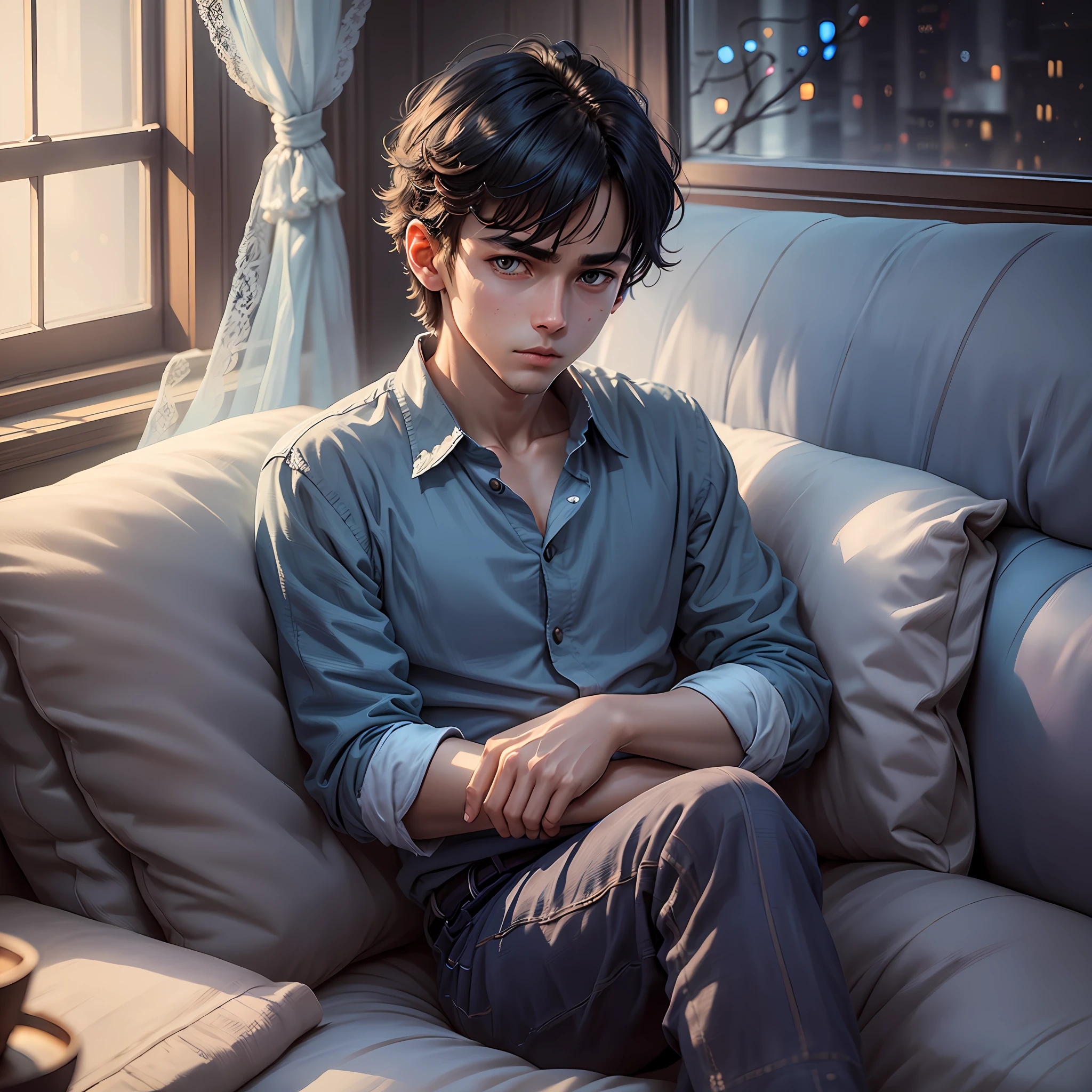 young, dark boy, serious and sickly face, sitting on sofa, blue blouse, living room with blue ambience, faint moonlight through window, bluish image, blurred image background --auto --s2