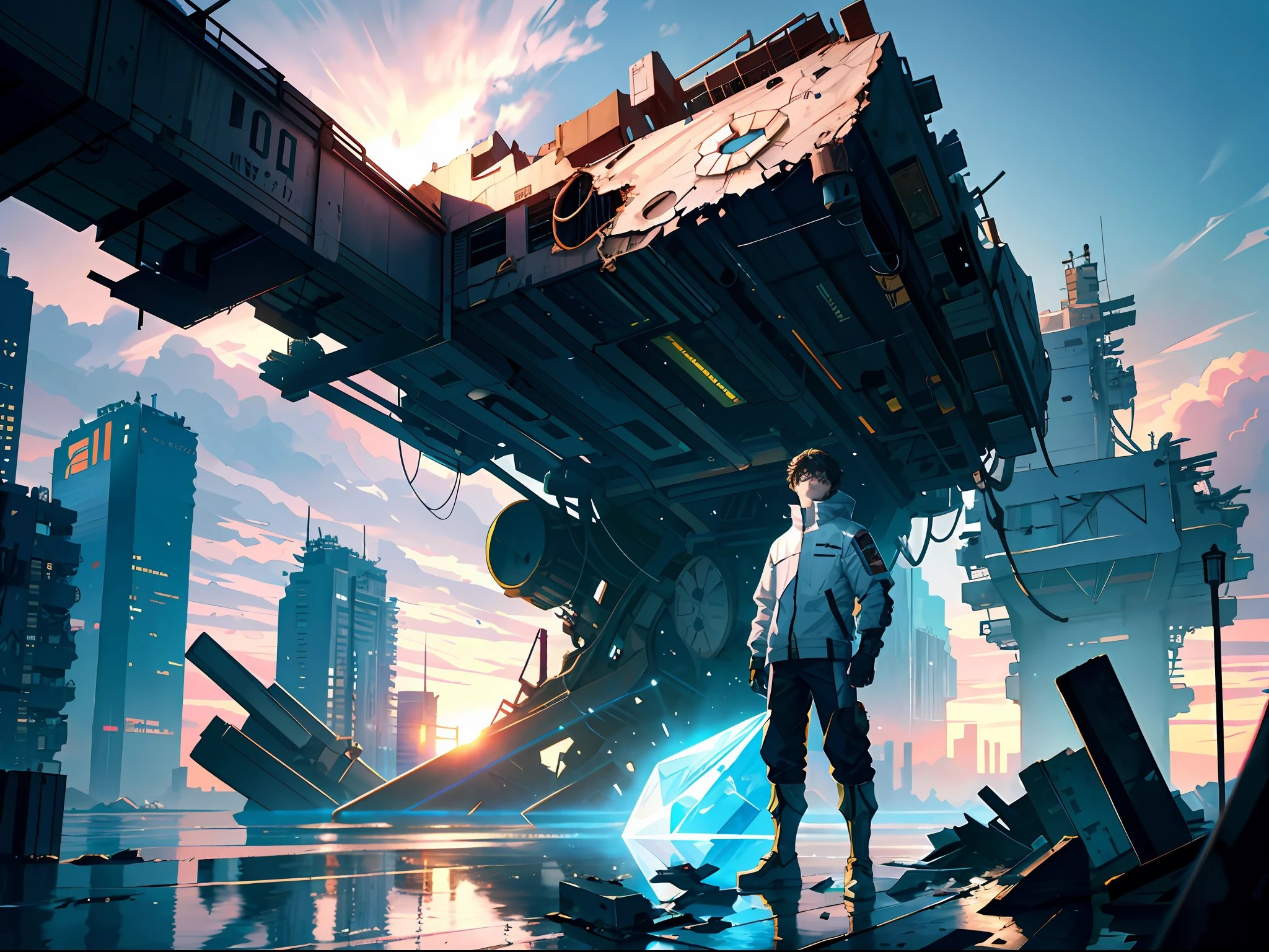 HD clear, best images, illustrations, super detailed, a young teenager in a cyberpunk-style white combat uniform, standing on a seaside pier, next to a pile of mechanical wreckage, the teenager holding a white crystal the size of a basketball in his hand