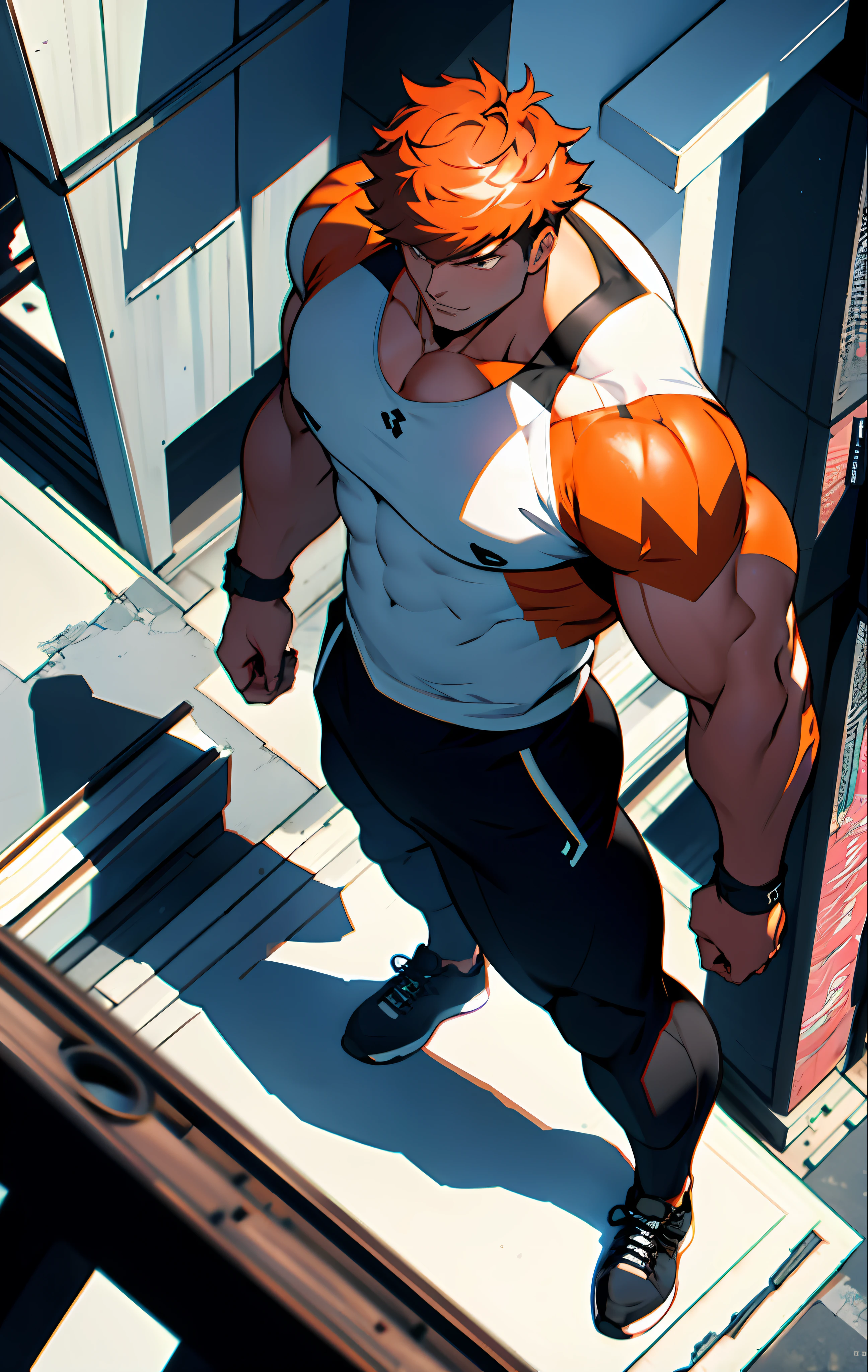 Generate an anime-style artwork featuring a high angle shot of a muscular male character with his back turned to the camera, THE CHARACTER IS ON TOP OF A HIGH BUILDING, The protagonist should possess an extremely muscular body, akin to that of a bodybuilder. top down view, from above angle, The character should have very short hair and be dressed in a white tank top, black pants, and black sneakers. The image should depict the full body of the character, with the focus on their intimidating stance from behind. The protagonist should exude strength and dominance, displaying a powerful presence. The scene should feature only the muscular character, THE CHARACTER MUST BE ON TOP OF A BUILDINGS SHOWING A BIG CITY BELOW HIM