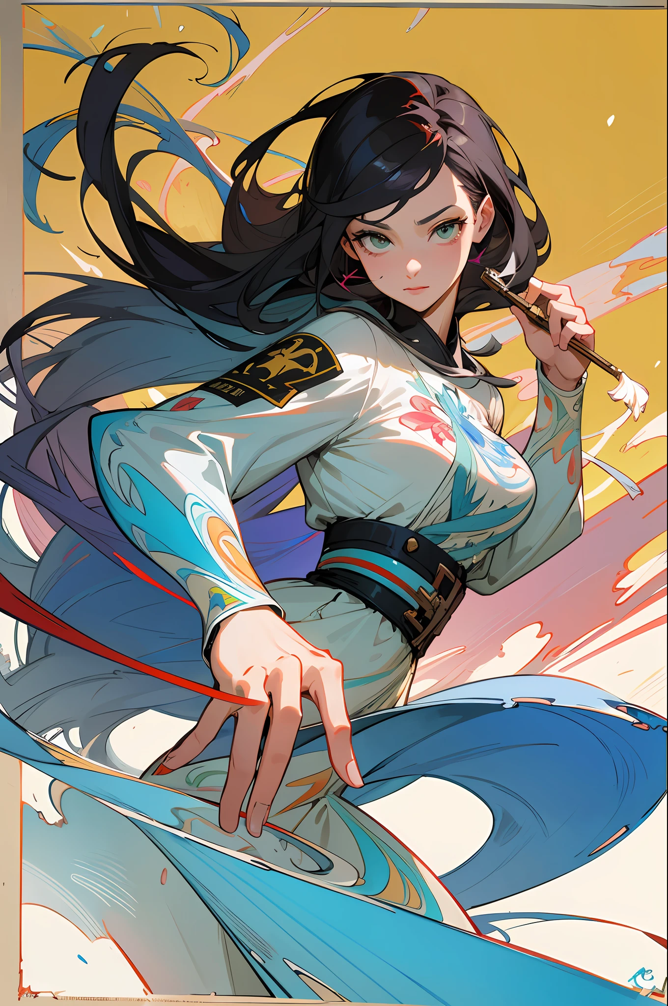 beautiful woman with long  hair ultra detailed, (beautiful and clear background:1.2),, fantastic paintings ,graffit style,  flowers, olhos altamente detalhados , a t-shirt or dressed in a white blouse underneath, position, with long black hair , stained glass colored, fantastic paintings by joe madureira  ,high quality,photo, sticker art,beautiful woman carol nakamura with long  hair  , freedom, soul, digital illustration, comic style, perfect anatomy, centered, approaching perfection, dynamic, highly detailed, watercolor painting, artstation, concept art, smooth, sharp focus, illustration, art by carne griffiths and wadim kashin,,alone anime girl pose, short pastel  hair , heterochromia, perfect anatomy, centered, approaching perfection, dynamic, highly detailed, character sheet, artstation, concept art, smooth, sharp focus, illustration, art by kim jung gi,, artgerm, carne griffiths and wadim kashin , sasha yakovleva, loish, jeremy mann, full body shot dresses party, character sheet, lightningwave, beautiful anime watercolor painting ,paint dripping by tim okamura, victor nizovtsev, greg rutkowski, noah bradley. trending on artstation, 8k, masterpiece, graffiti paint, fine detail, full of color, intricate detail, golden ratio illustration,monochromatic green background, masterpiece, best quality, high quality, highres, best quality, high resolution fix, bright amazing lighting, detail enhancement, detail enhancement, movements various movements and pose, best quality, high quality, highres, detail enhancement, 4k, masterpiece, highres, absurdres, natural volumetric lighting and best shadows, deep depth of field, sharp focus