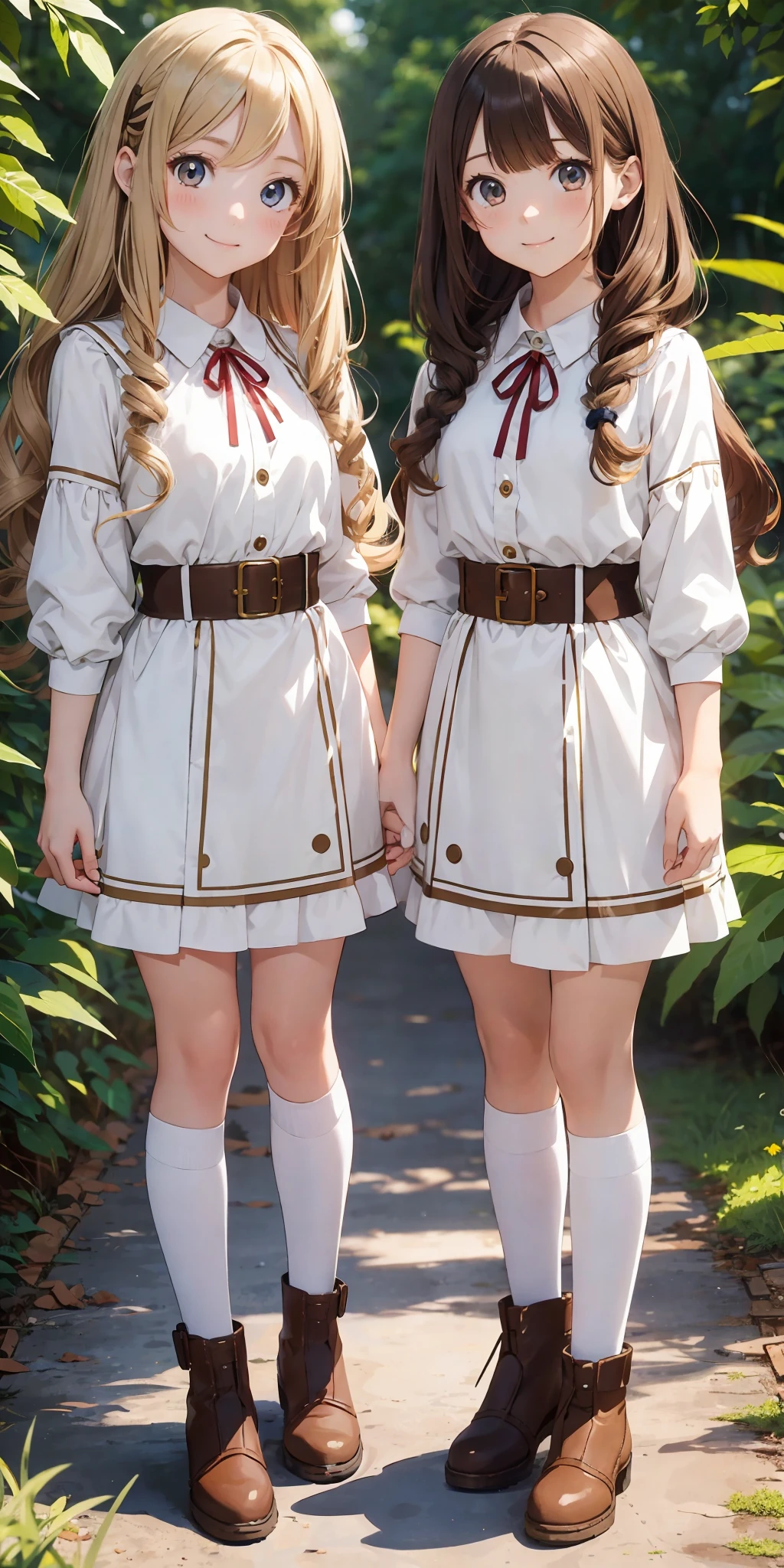 perfect anime illustration, 2girls, twin sisters, identical sisters, brown hair, blonde hair, (1 blonde girl, 1 brown haired girl, different hair colors), curly hair, matching hairstyle, hazel eyes, smiling, ((matching outfits)), matching hairstyles, white background, highres, full body, pose