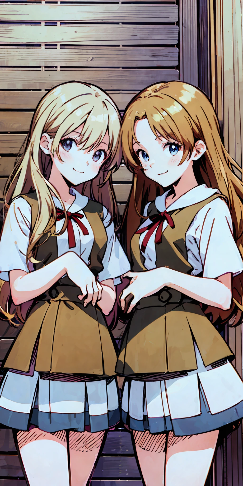 perfect anime illustration, 2girls, twin sisters, identical sisters, brown hair, blonde hair, (1 blonde girl, 1 brown haired girl, different hair colors), curly hair, matching hairstyle, hazel eyes, smiling, ((matching outfits)), matching hairstyles, white background, highres, full body, pose