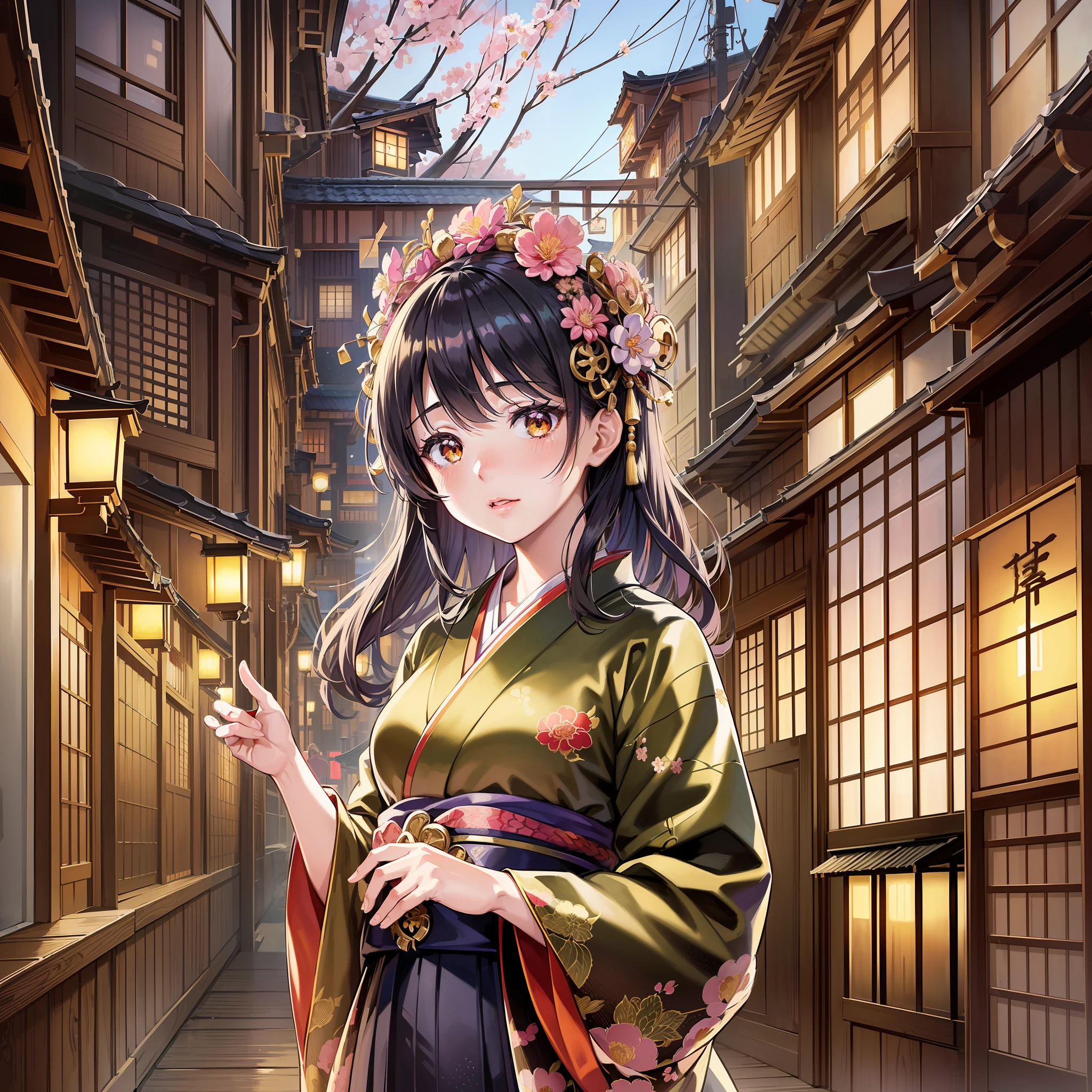 (anime style, realistic drawing, high quality, detailed, masterpiece), young Japanese girl (1girl), (kimono clothes, 1880s century fashion), black hair, (traditional wooden building, Tokyo cityscape), (lanterns, sakura blossom), (dynamic angle, mid-shot), Japanese calligraphy (embedding), (dusk, street light), (warm color palette, golden hour)