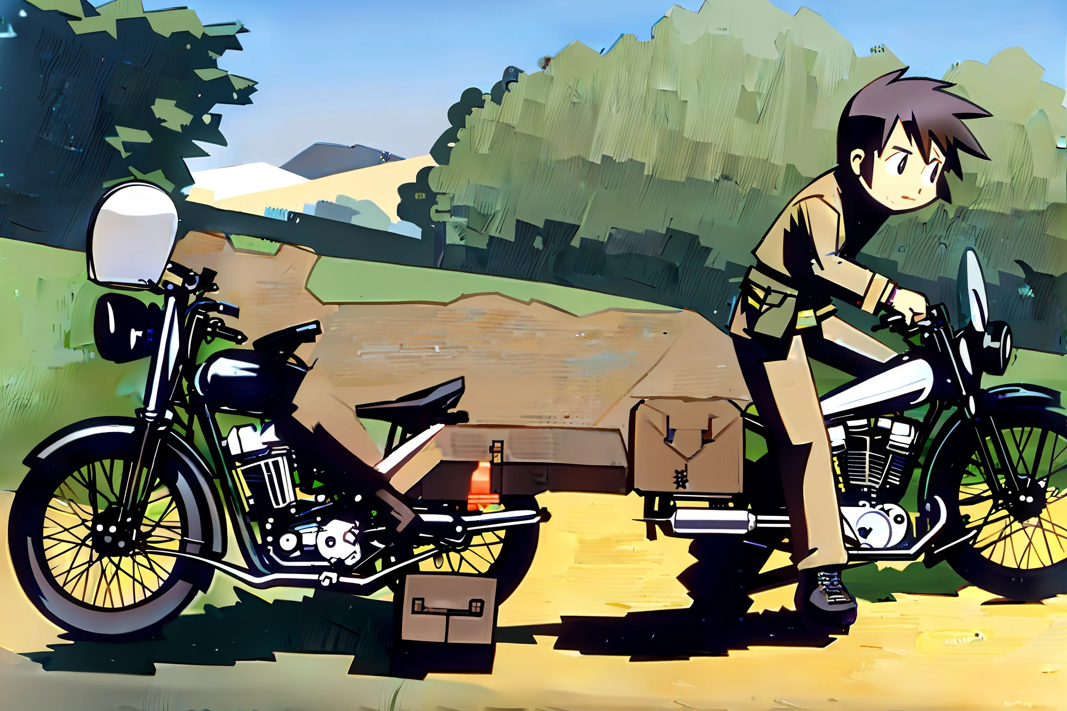 Motocross: trail; spoiled motorcycle; lack of tools; pilot with disgust