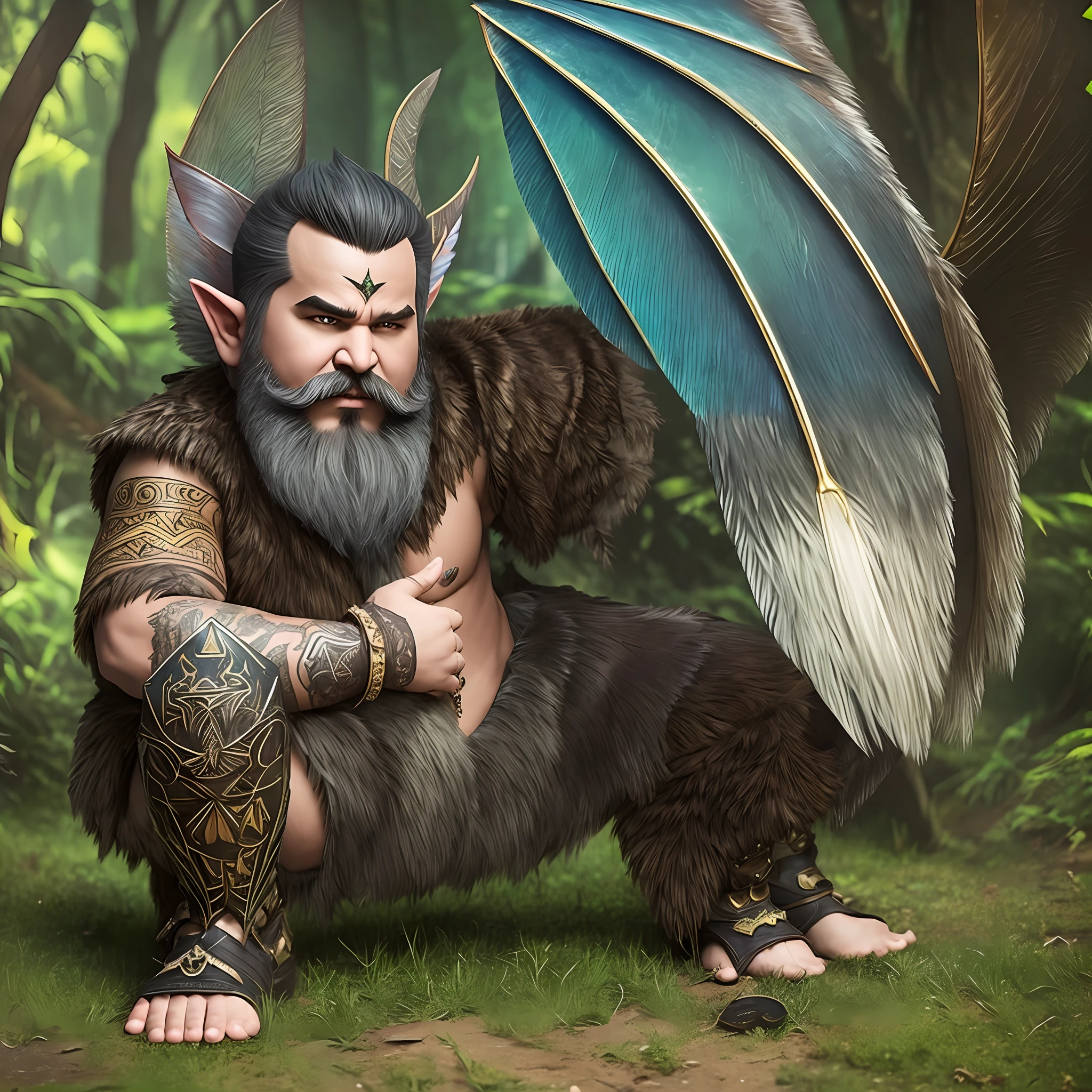 short, fat boy, big beard, fairy wing, animal leather pants, fur boot, evil face, cute appearance, elf pointed ear, with plenty of earring --auto --s2