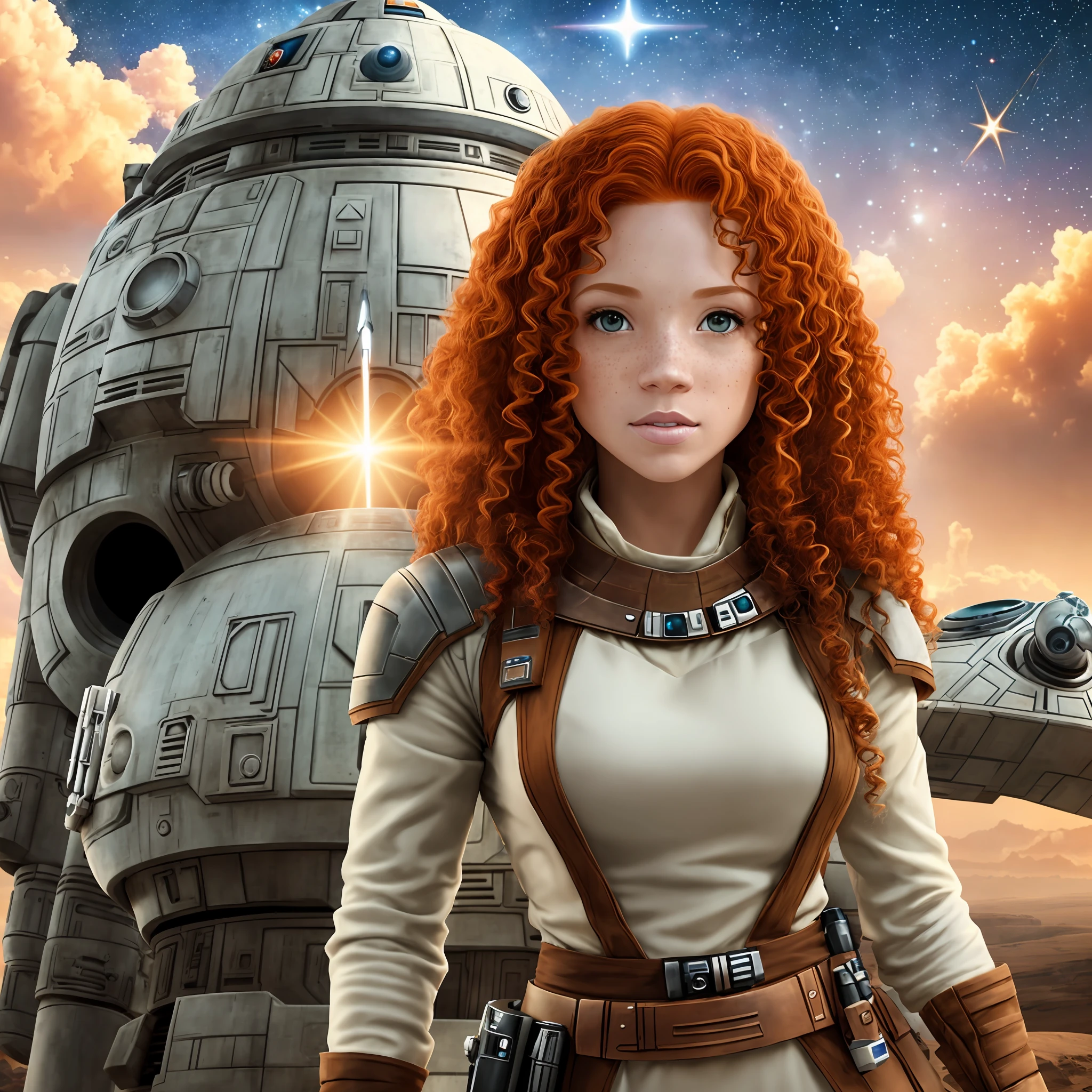 Light-skinned woman, redhead, curly hair, with freckles. Jedi style outfit from star wars. In the background of the image is a spaceship. --auto --s2