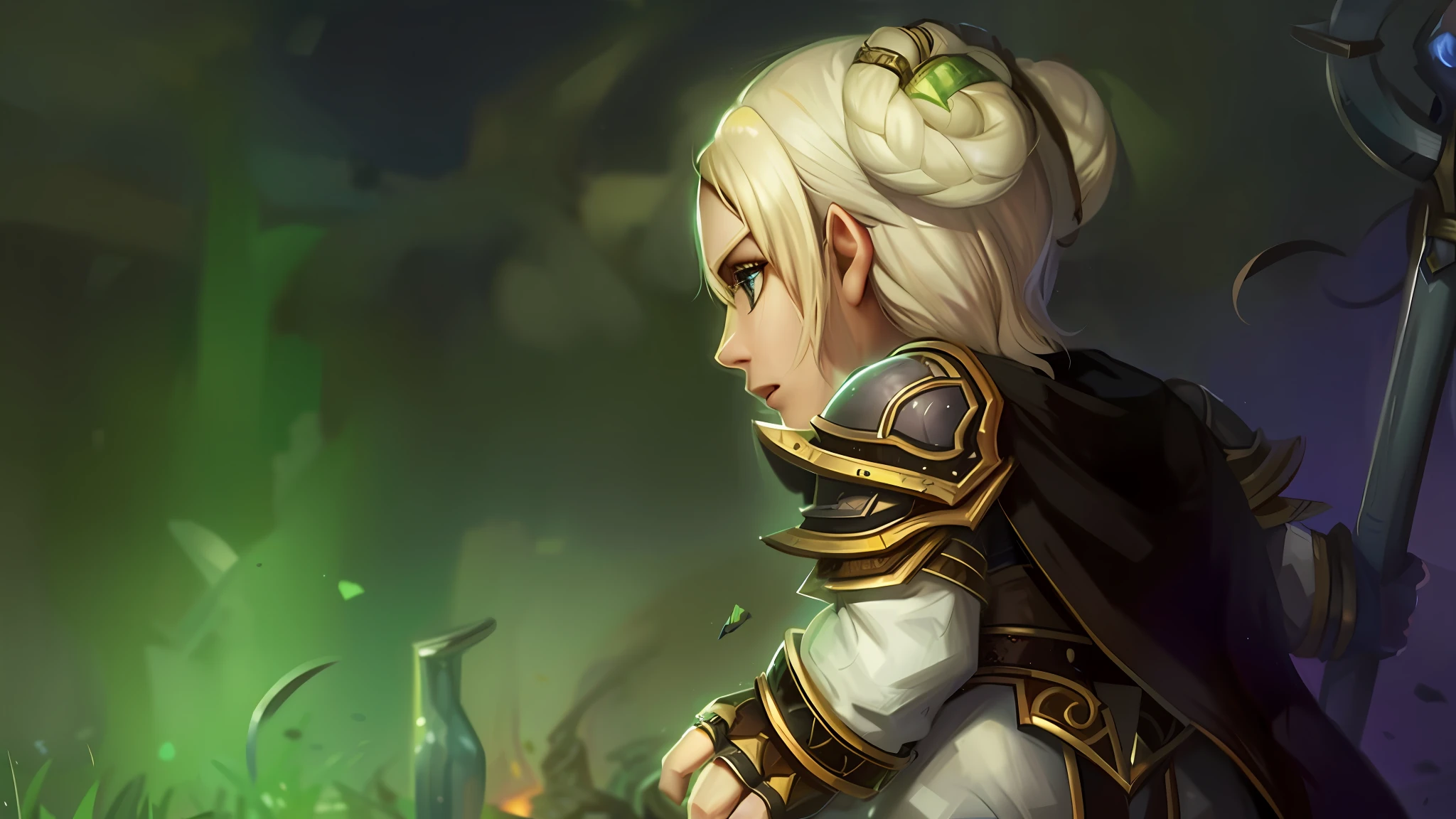 Uma mulher em armadura segurando uma espada e uma luz verde, Jaina Proudmoore, World of Warcraft Art Style, Warcraft Character, de World of Warcraft, Backveiw Picture of Elf Rogue, World of Warcraft Art, Portrait of a Female Elf Warlock, From Warcraft, Portrait of Female Paladin, From Wow, World of Warcraft Splash Art, Picture of Female Palaadin combinado com um logotipo para o mundo de desafio wow,  worlf de warcraft, de wow, em estilo de faria de warcraft, wow, wotc, em world of warcraft, wow 4k detalhe fantasia, world of warcraft estilo, wop, de world of warcraft, wow wow detalhe, desafiador, world of warcraft, waw, world of warcarft, cotw --auto --s2
