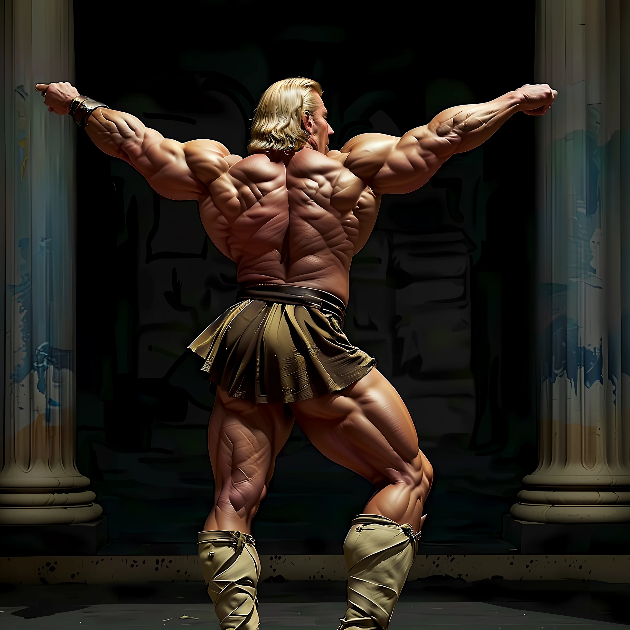 arafed man with a sword and a skirt standing in front of a building, exaggerated physique, exaggerated muscle physique, large muscles, muscular character, furious god zeus, exaggerated muscles, strong and imposing, extreme muscles, massive muscles, muscular characters, chiseled muscles, muscular joe biden, herculean, big muscle, huge muscles