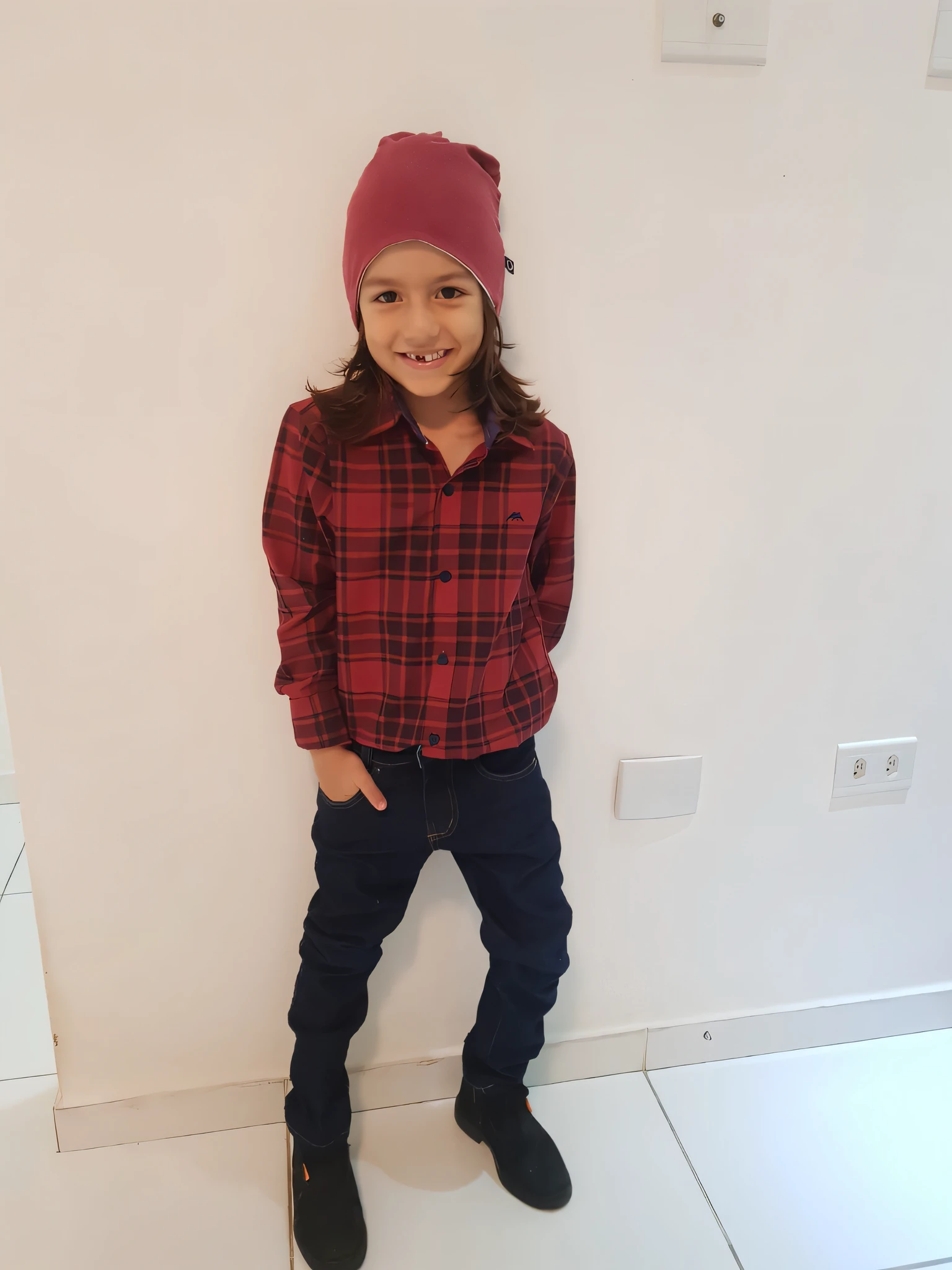 arafed girl in a red hat and plaid shirt standing against a wall, full body photo, baggy outfit and hat, casual pose, chucky style, by Nándor Katona, dress in flowing long clothes, old 4yr, dressed in flowing clothes, casual clothes, full body photos, wearing a flannel shirt, full body portrait, insert safona