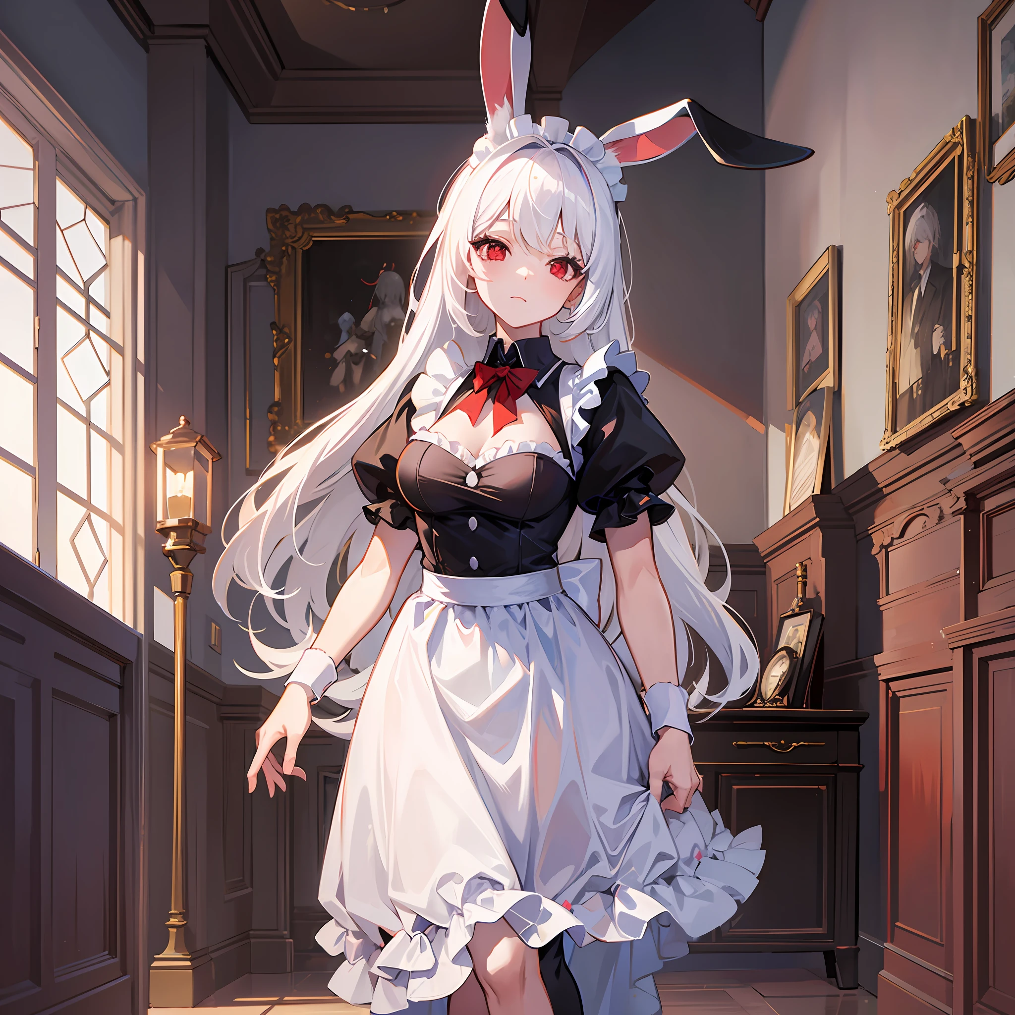 A woman, white hair, rabbit ears, red eyes, maid clothes, adult body, inside a room